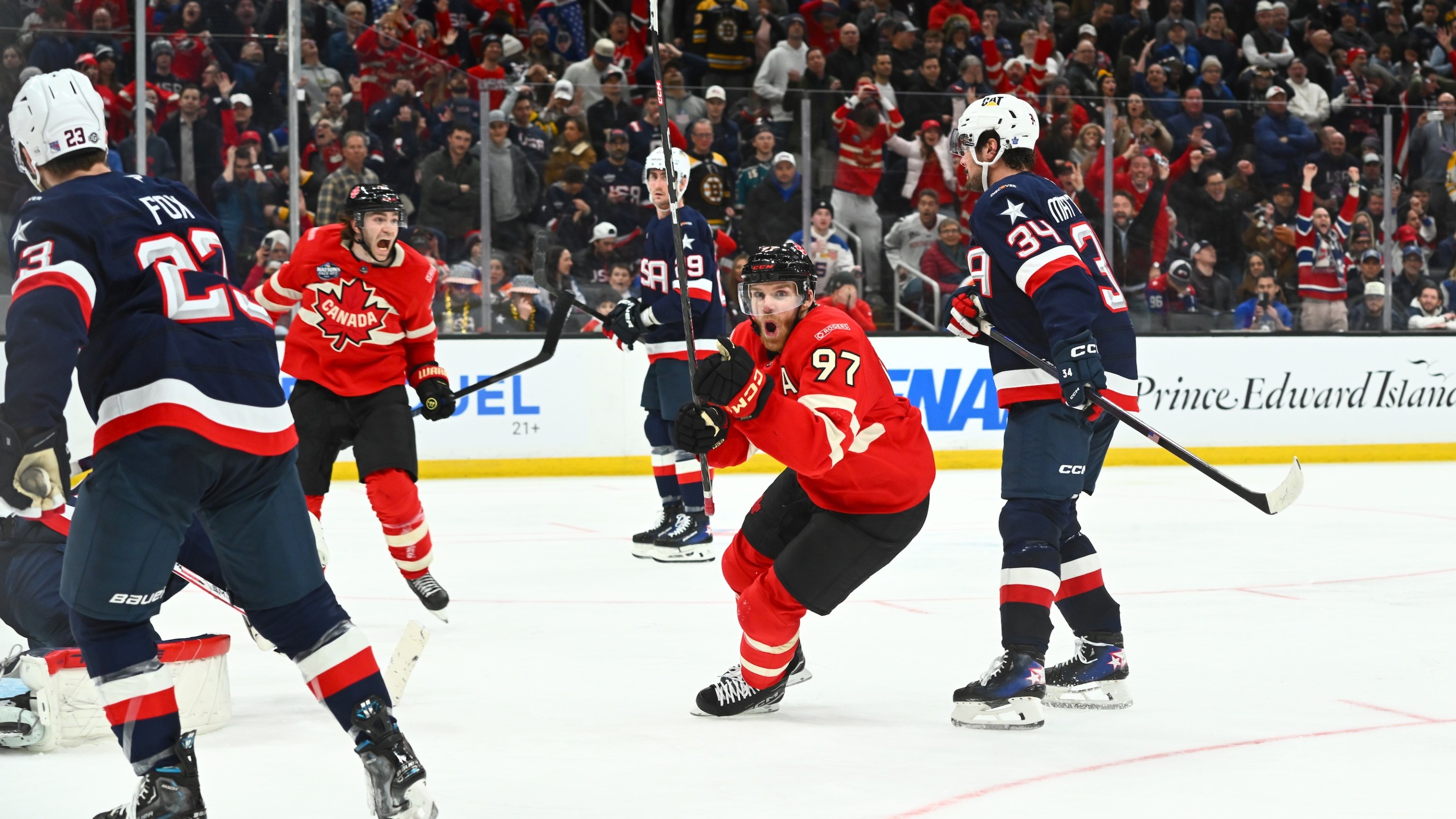 BOSTON, MASSACHUSETTS - FEBRUARY 20: Connor McDavid #97 of Team Canada reacts after scoring the game-winning goal during the first overtime period of the 4 Nations Face-Off Championship game between Team Canada and Team United States at TD Garden on February 20, 2025 in Boston, Massachusetts. (Photo by Ben Jackson/4NFO/World Cup of Hockey via Getty Images)