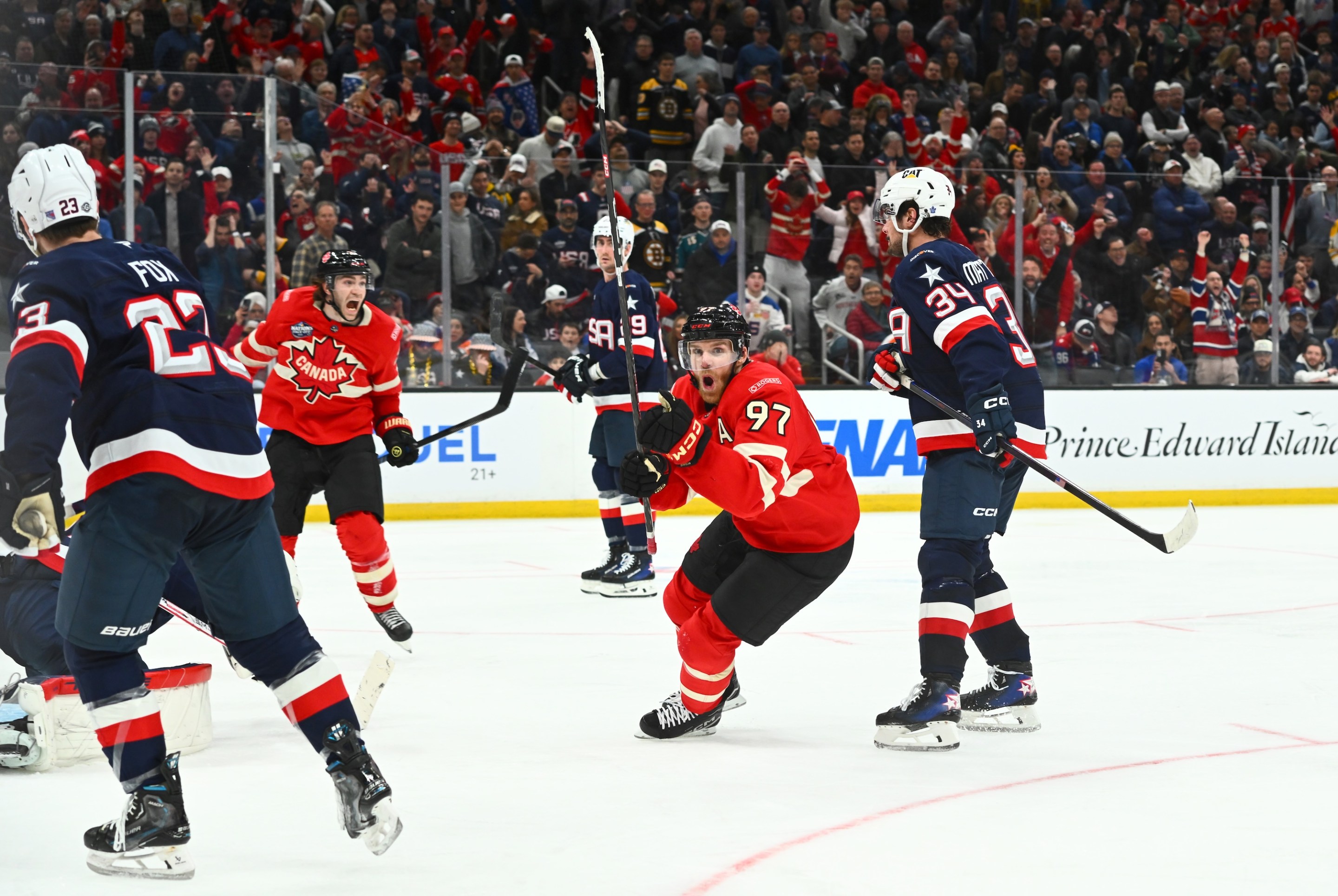 BOSTON, MASSACHUSETTS - FEBRUARY 20: Connor McDavid #97 of Team Canada reacts after scoring the game-winning goal during the first overtime period of the 4 Nations Face-Off Championship game between Team Canada and Team United States at TD Garden on February 20, 2025 in Boston, Massachusetts. (Photo by Ben Jackson/4NFO/World Cup of Hockey via Getty Images)