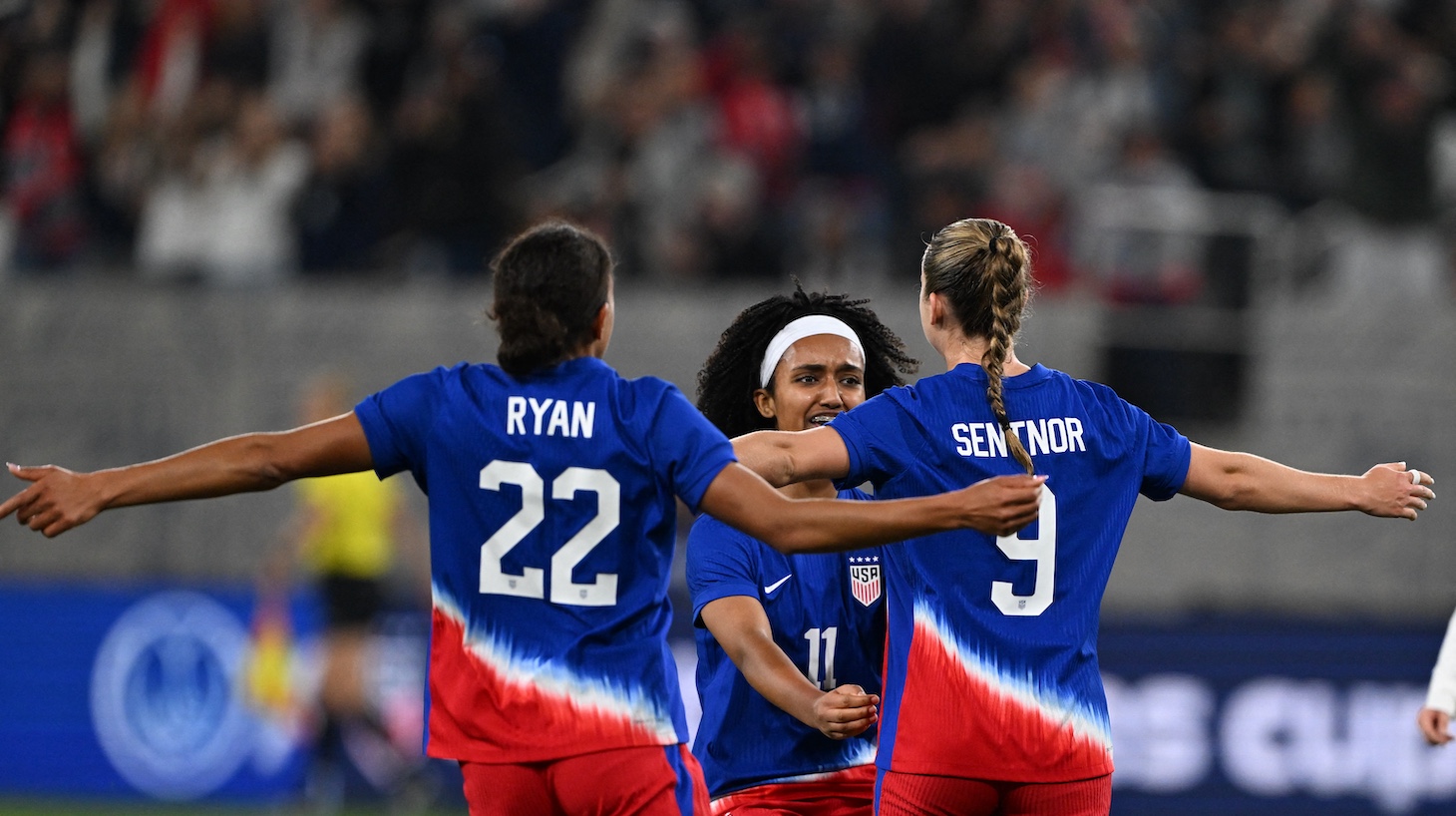 USA's forward #9 Ally Sentnor celebrates scoring her team's first goal during the SheBelieves Cup football match between USA and Japan at Snapdragon Stadium in San Diego, California, on February 26, 2025.