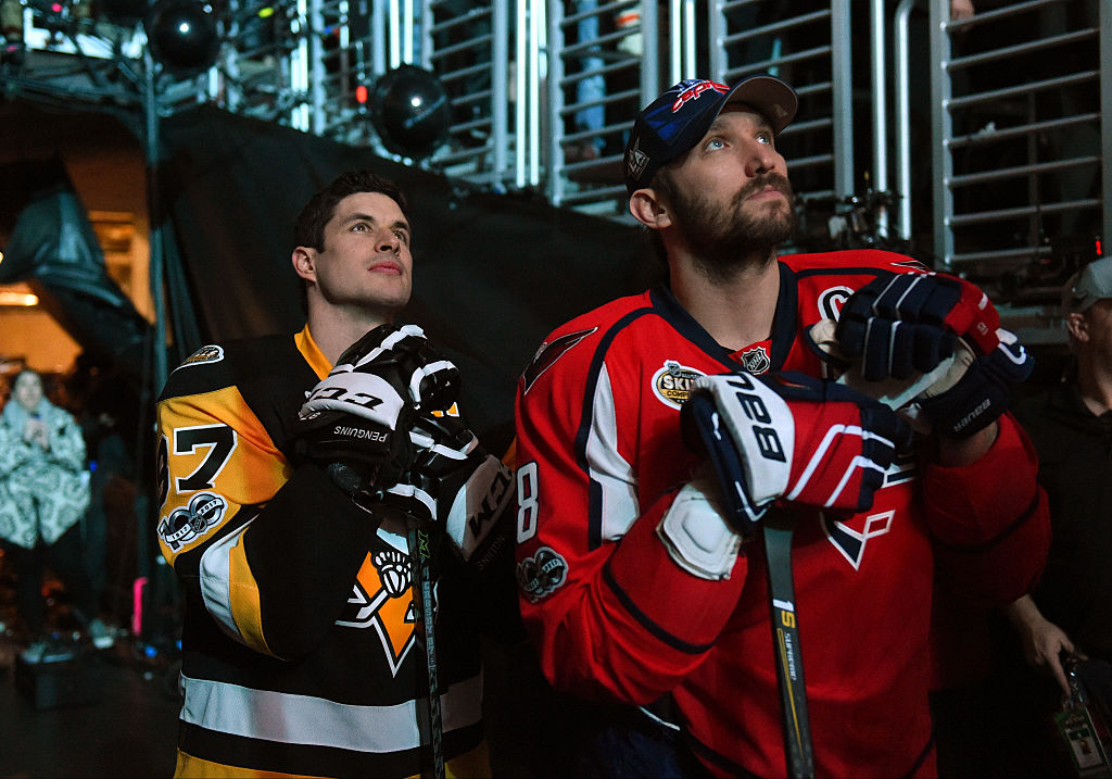 Sidney Crosby and Alex Ovechkin during player introductions at the 2017 skills competition