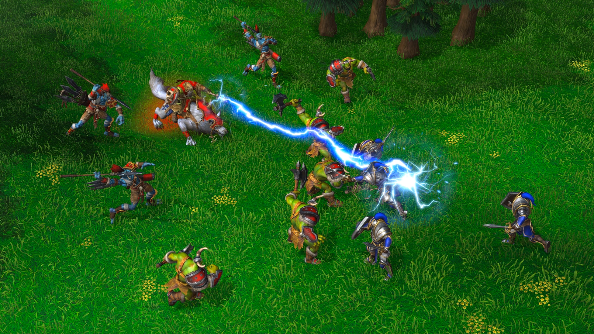 Orcs and Humans face off in Warcraft 3 Reforged, with an orc shooting a lightning bolt at a human.