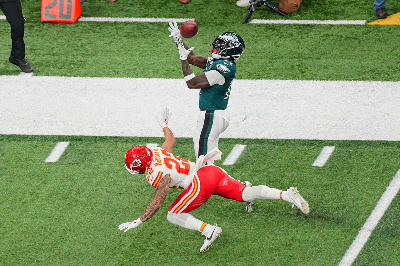 NEW ORLEANS, LA - FEBRUARY 09:Philadelphia Eagles wide receiver A.J. Brown (11) catches a pass during Super Bowl LIX between the Philadelphia Eagles and the Kansas City Chiefs on February 9, 2025 at the Superdome in New Orleans, LA.