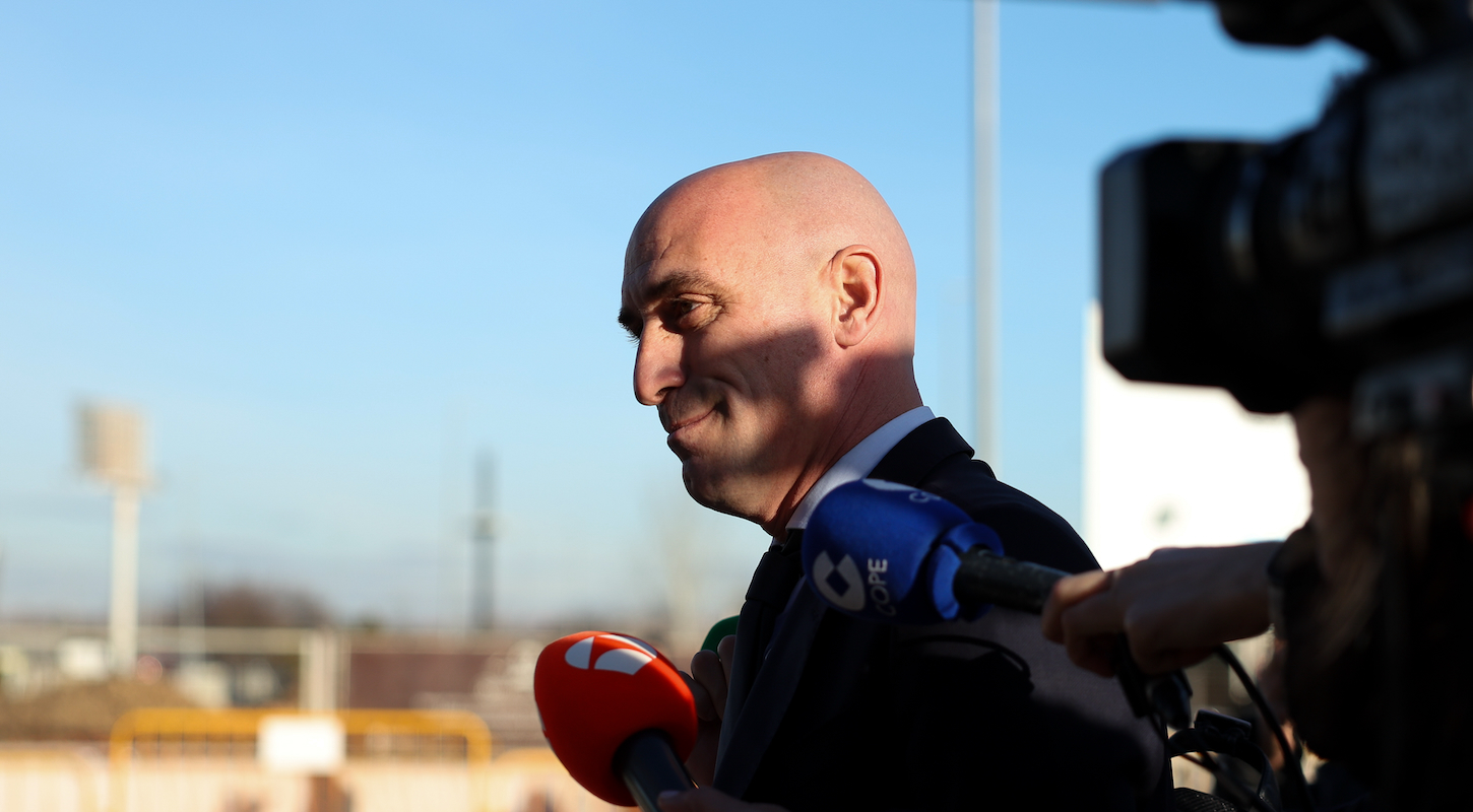 Ex-president of the Royal Spanish Football Federation (RFEF) Luis Rubiales arrives at the Audiencia Nacional San Fernando de Henares on February 13, 2025 in Madrid, Spain.