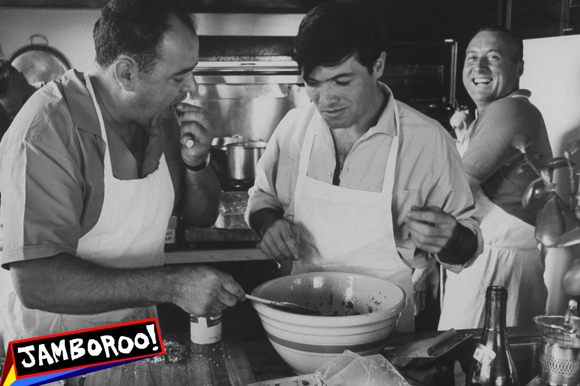 Whilte House Chef Rene Verdon (L) and former chef Jacques Pepin preparing a salad for a picnic on Gardiners Island. (Photo by Mark Kauffman/Getty Images)