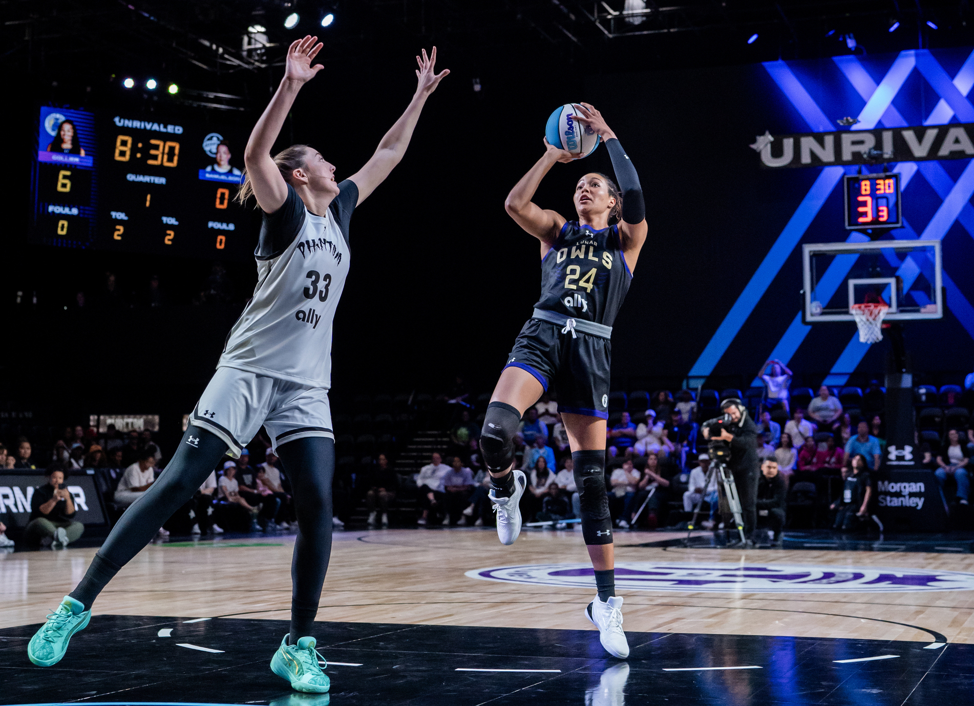 Napheesa Collier competes against Katie Lou Samuelson in the first round of the Unrivaled 1v1 tournament