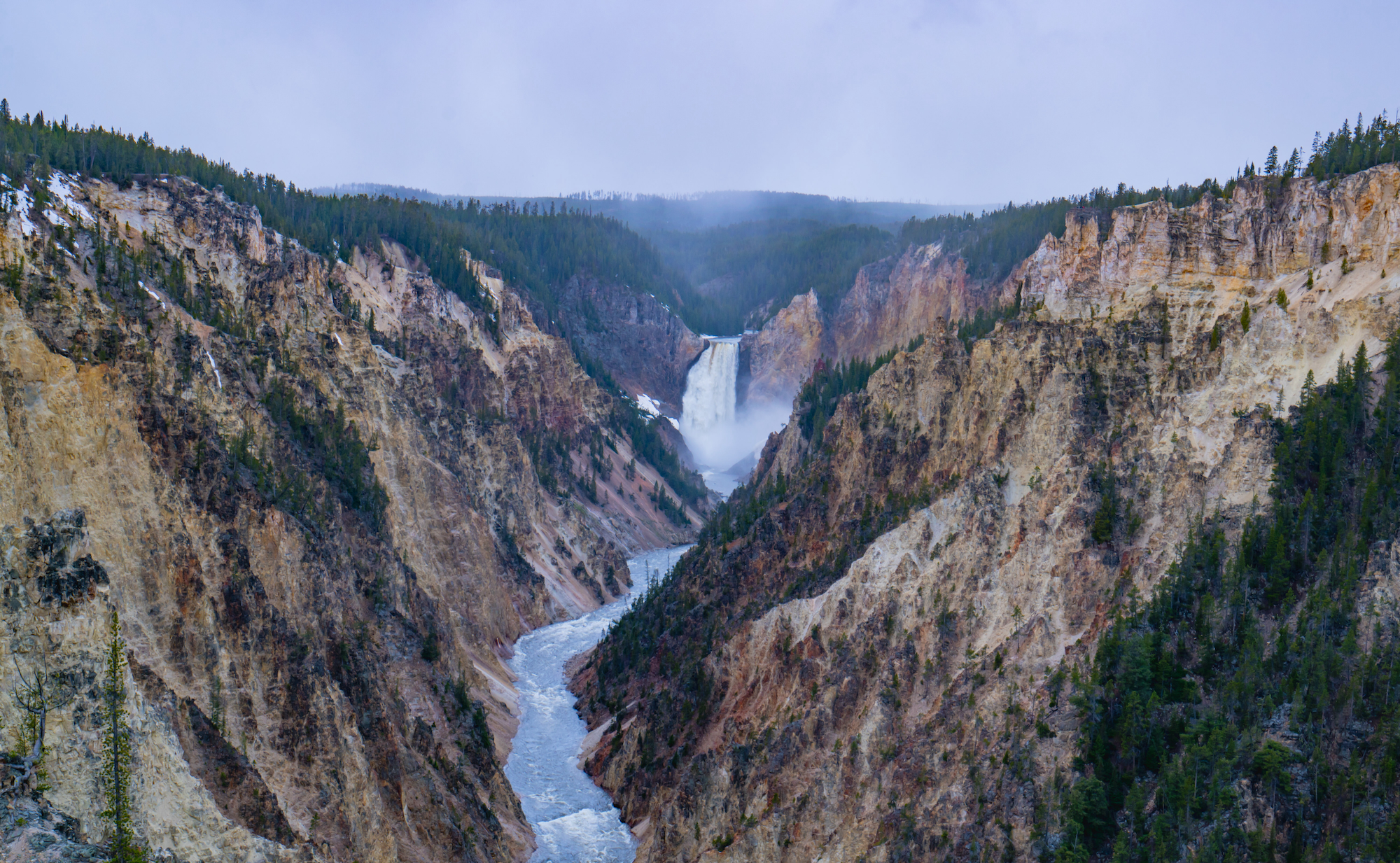 A canyon and waterfall in the Grand Canyon of Yellowstone National Park in Wyoming.