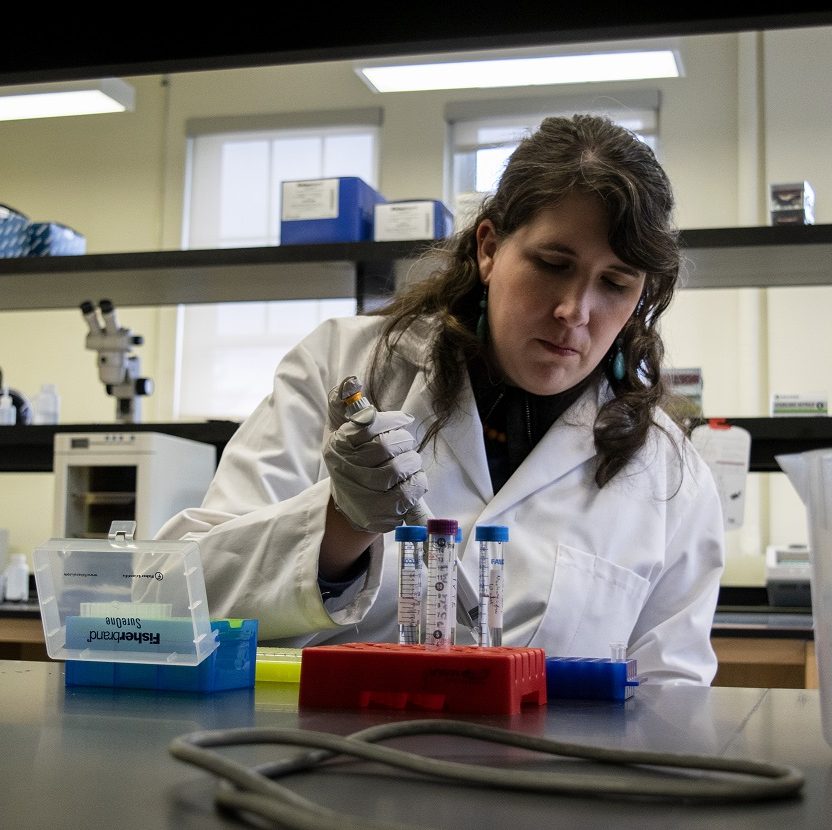 A photo of Sara Hugentobler, a USFWS fish biologist, in the lab extracting DNA