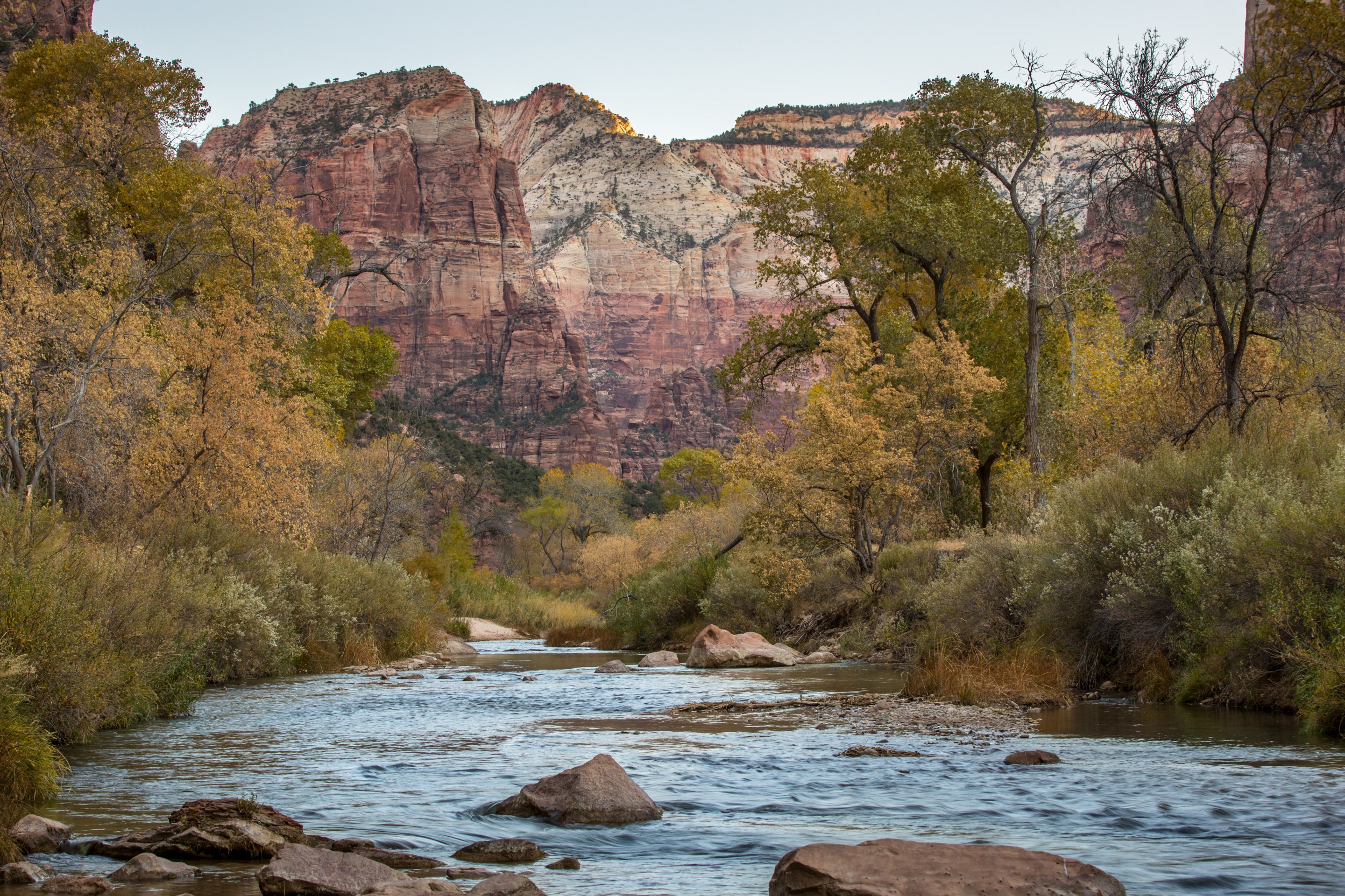 The Virgin River flows through the valley floor as viewed on November 9, 2019 in Zion National Park, Utah