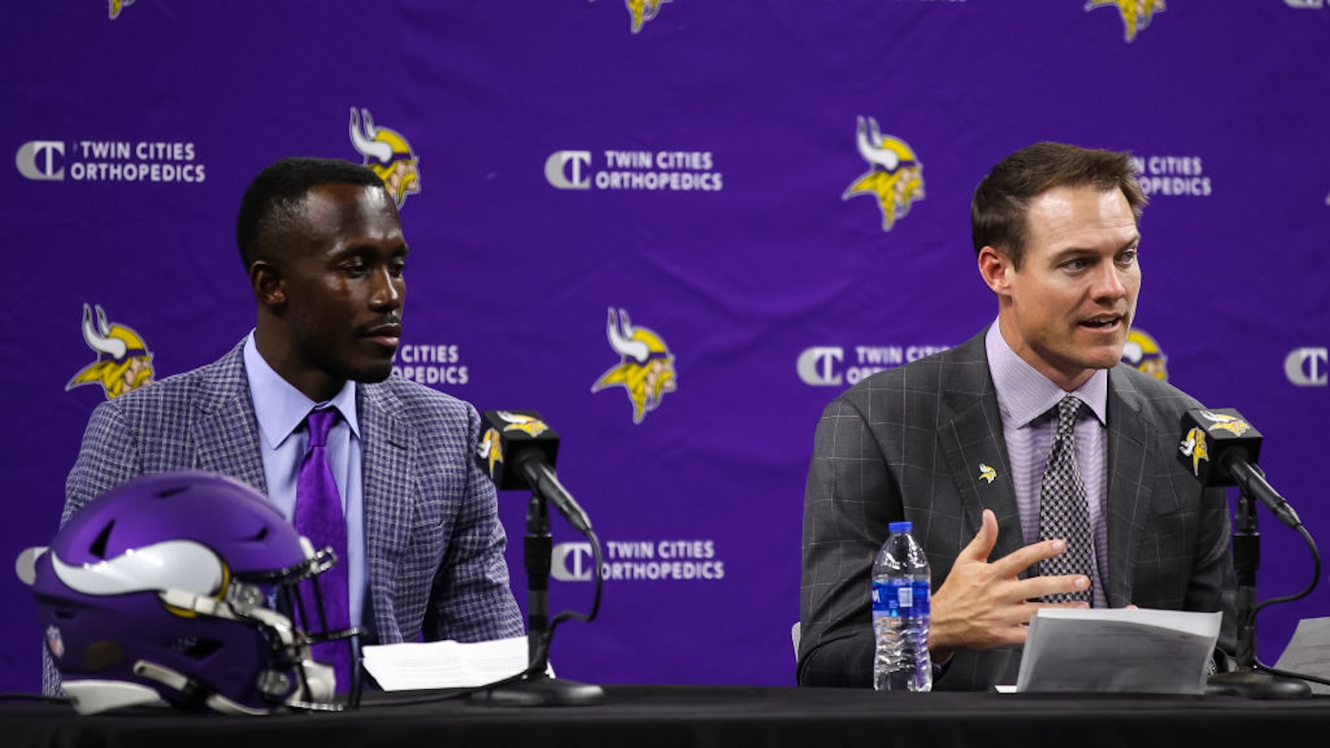 General manager Kwesi Adofo-Mensah (L) and Head coach Kevin O'Connell of the Minnesota Vikings address the media at TCO Performance Center on February 17, 2022 in Eagan, Minnesota.