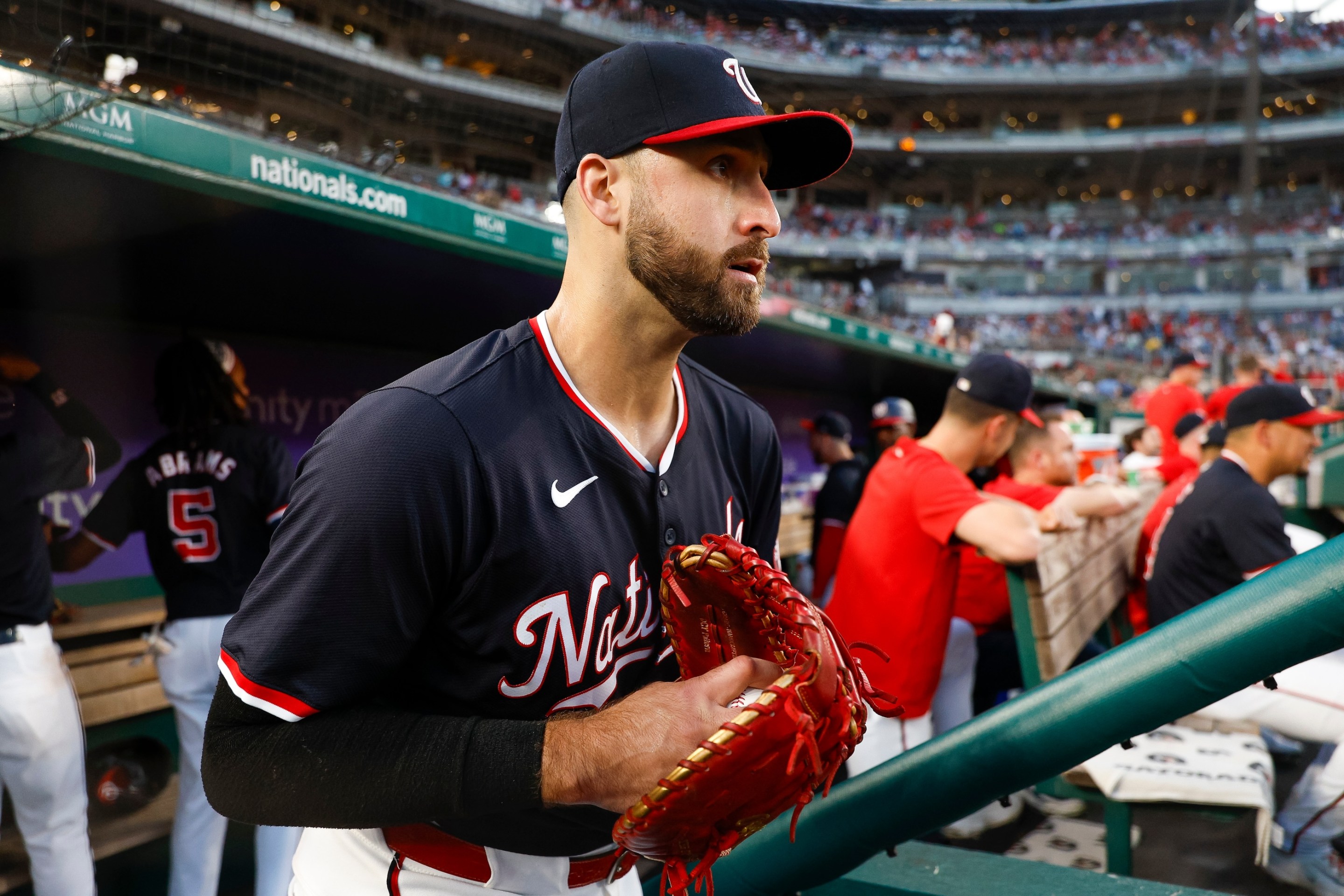 Joey Gallo about to take the field during a Yankees/Nationals game at Nationals Park in August of 2024. He looks kind of faraway and a little sad, but not much more than most Nats guys do.