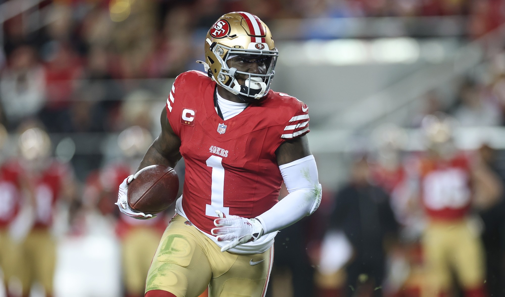 SANTA CLARA, CALIFORNIA - DECEMBER 30: Deebo Samuel Sr. #1 of the San Francisco 49ers in action against the Detroit Lions at Levi's Stadium on December 30, 2024 in Santa Clara, California. (Photo by Ezra Shaw/Getty Images)