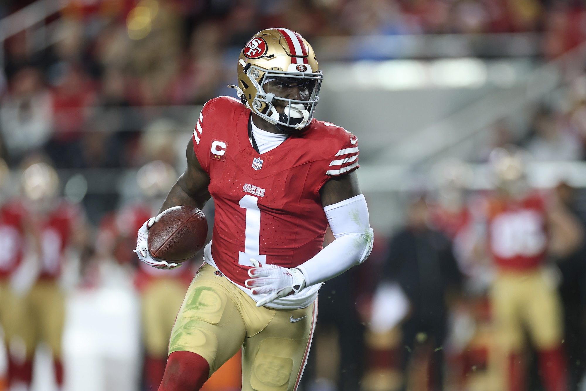 SANTA CLARA, CALIFORNIA - DECEMBER 30: Deebo Samuel Sr. #1 of the San Francisco 49ers in action against the Detroit Lions at Levi's Stadium on December 30, 2024 in Santa Clara, California. (Photo by Ezra Shaw/Getty Images)