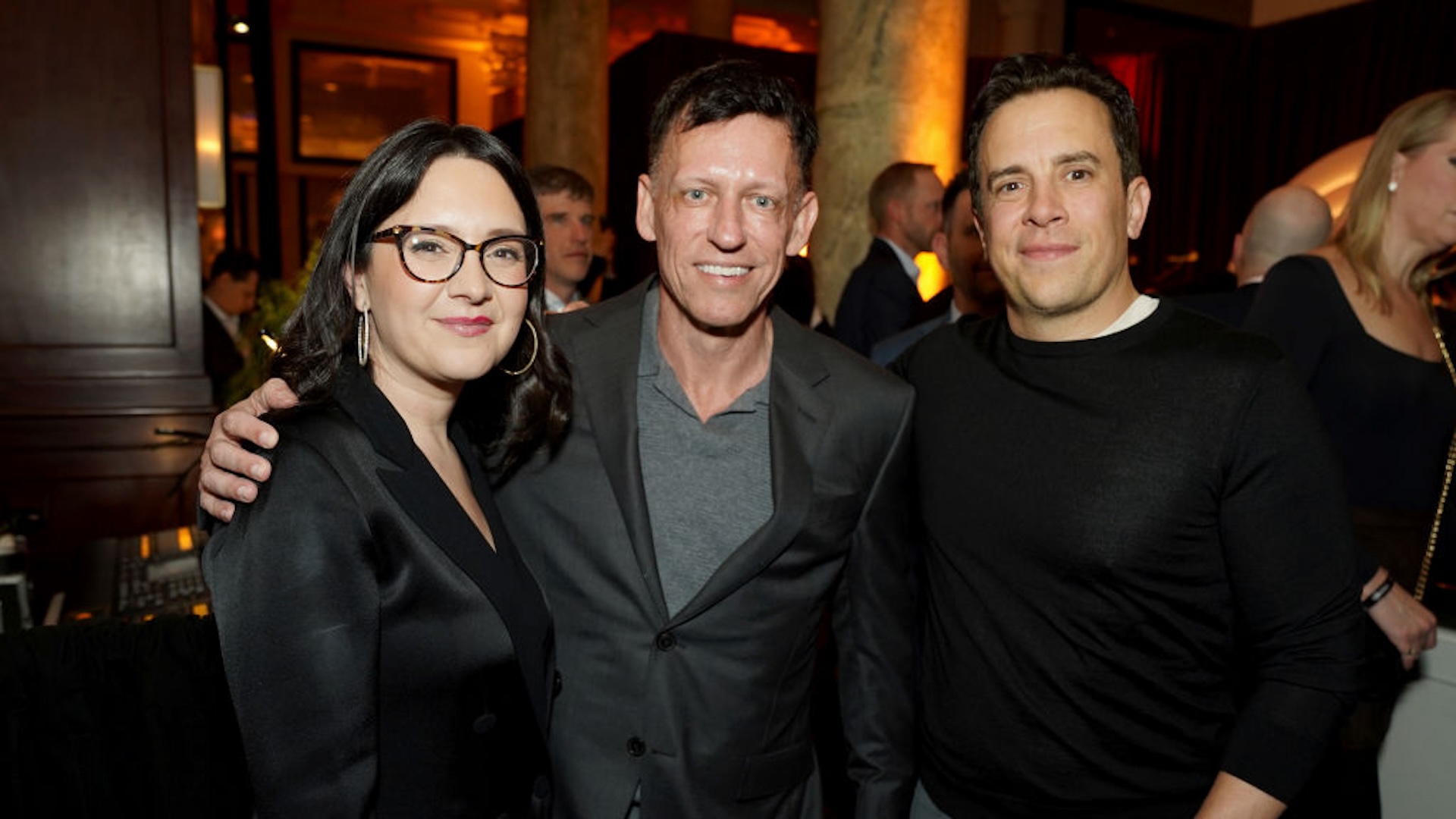 (L-R) Bari Weiss, The Free Press Founder, Peter Thiel, and Matt Danzeisen attend Inauguration Eve hosted by Uber, X and The Free Press at Cafe Riggs on January 19, 2025 in Washington, DC.