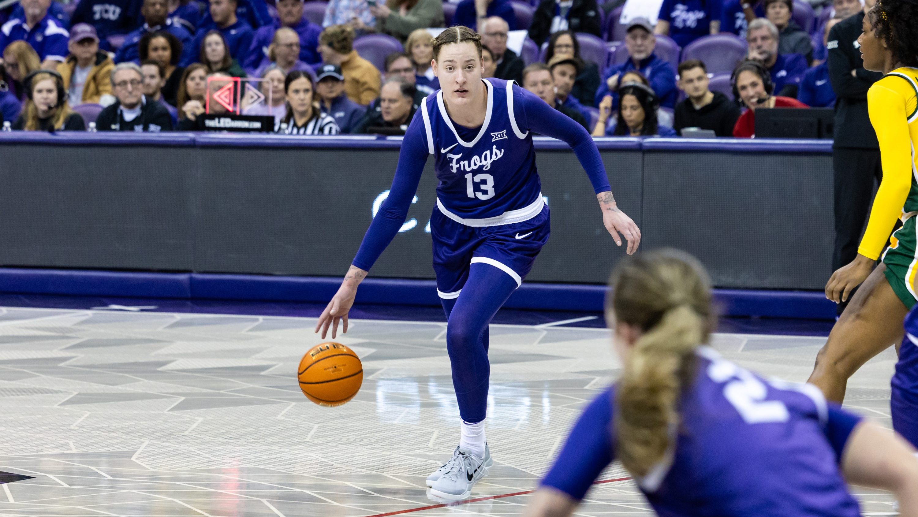 TCU Horned Frogs forward Sedona Prince (#13) dribbles up court during the Big 12 college basketball game between the TCU Horned Frogs and Baylor Bears on January 26, 2025 at Ed &amp; Rae Schollmaier Arena in Fort Worth, Texas.