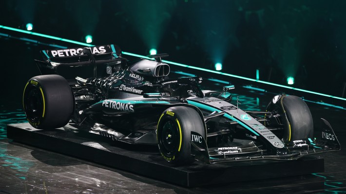 Mercedes F1 team livery presentation during F1 75 Live at The O2 Arena on February 18, 2025 in London, England.