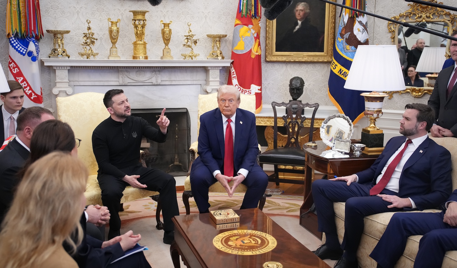 WASHINGTON, DC - FEBRUARY 28: U.S. President Donald Trump (C) and Vice President JD Vance (R) meet with Ukrainian President Volodymyr Zelensky (L) in the Oval Office at the White House on February 28, 2025 in Washington, DC. Trump and Zelensky are meeting today to negotiate a preliminary agreement on sharing Ukraine’s mineral resources that Trump says will allow America to recoup aid provided to Kyiv while supporting Ukraine’s economy. (Photo by Andrew Harnik/Getty Images)