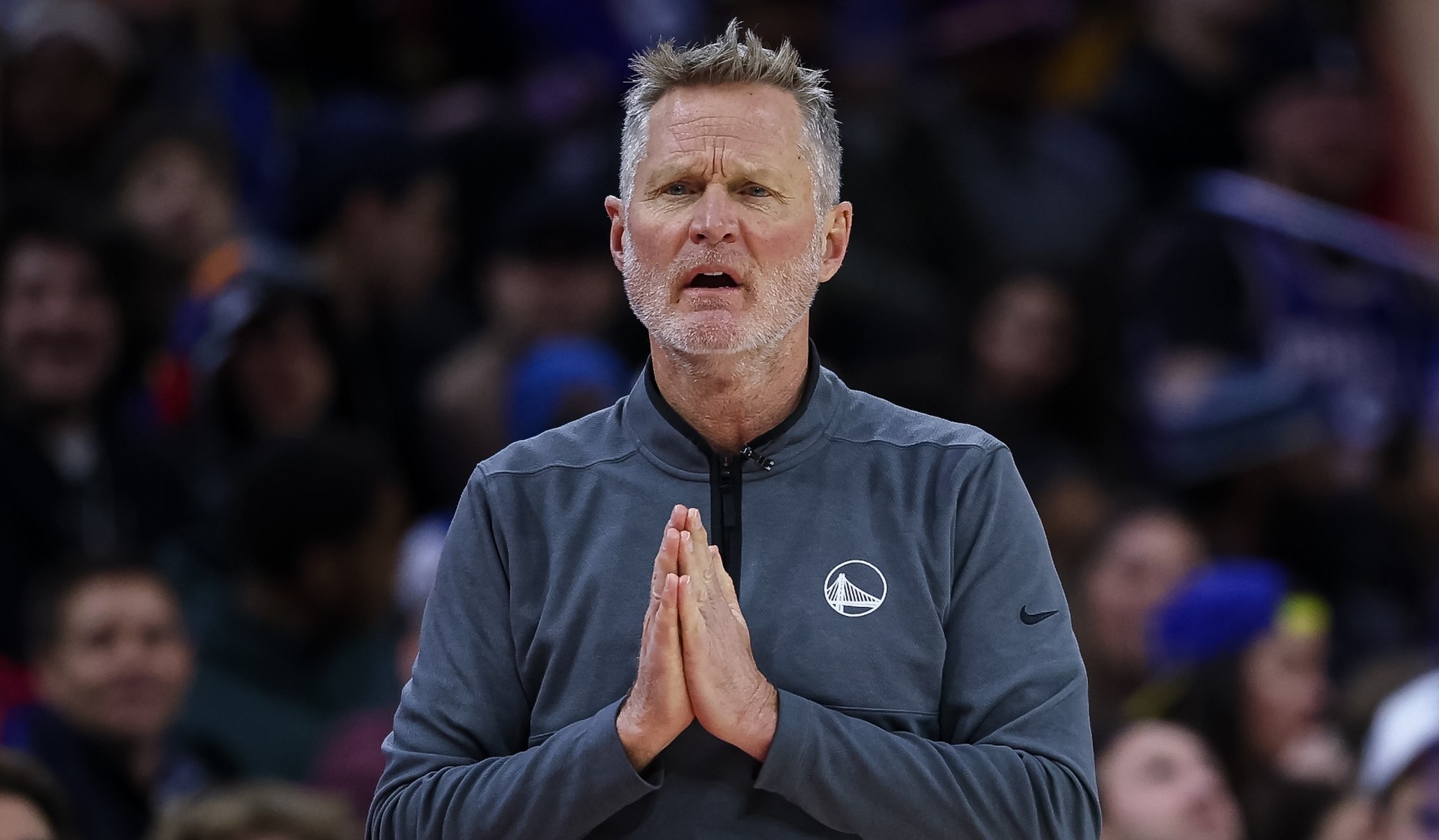 PHILADELPHIA, PENNSYLVANIA - MARCH 01: Head coach Steve Kerr of the Golden State Warriors reacts to a play against the Philadelphia 76ers during the first half of the game at the Wells Fargo Center on March 1, 2025 in Philadelphia, Pennsylvania. (Photo by Scott Taetsch/Getty Images)