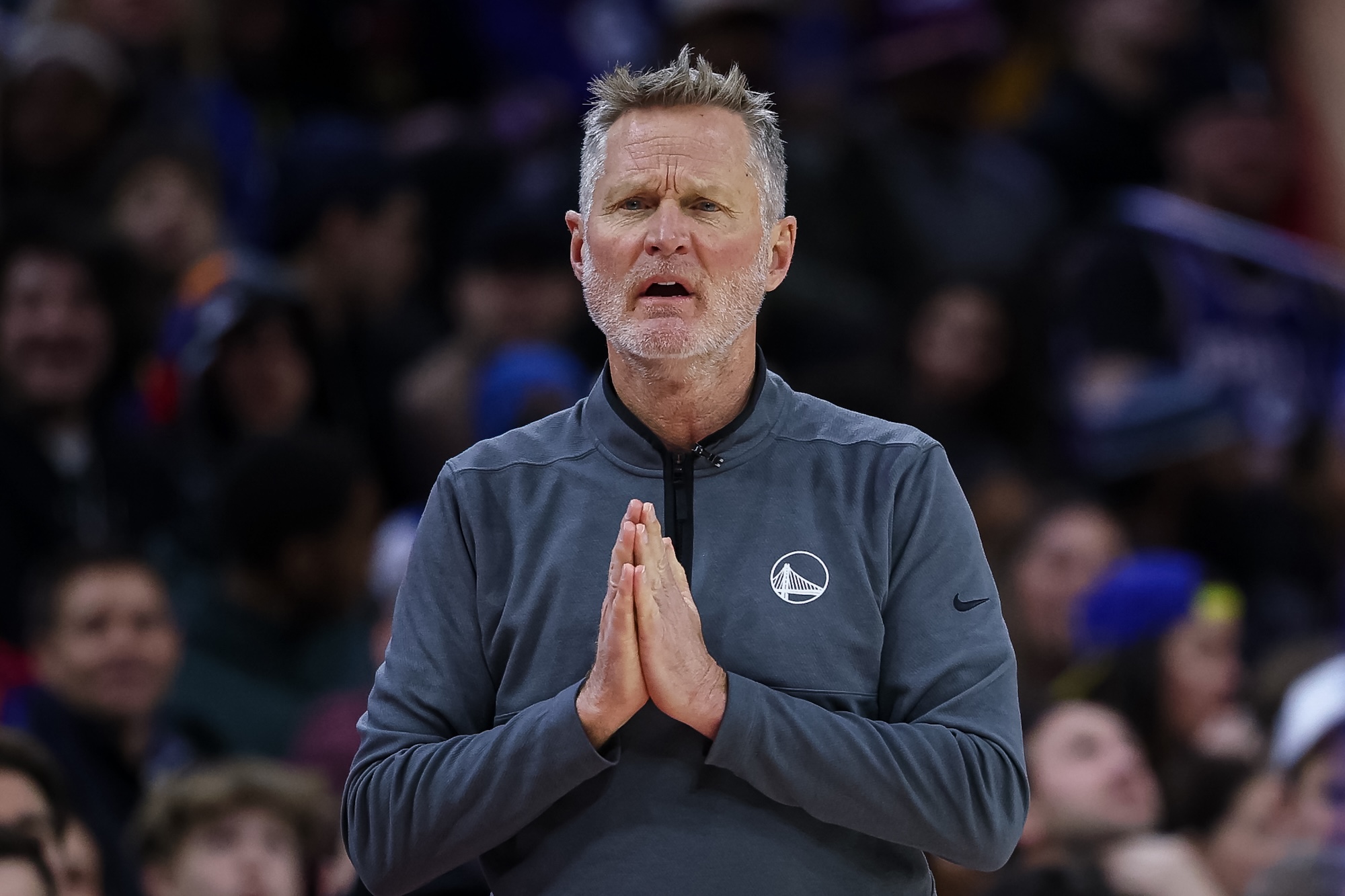 PHILADELPHIA, PENNSYLVANIA - MARCH 01: Head coach Steve Kerr of the Golden State Warriors reacts to a play against the Philadelphia 76ers during the first half of the game at the Wells Fargo Center on March 1, 2025 in Philadelphia, Pennsylvania. (Photo by Scott Taetsch/Getty Images)