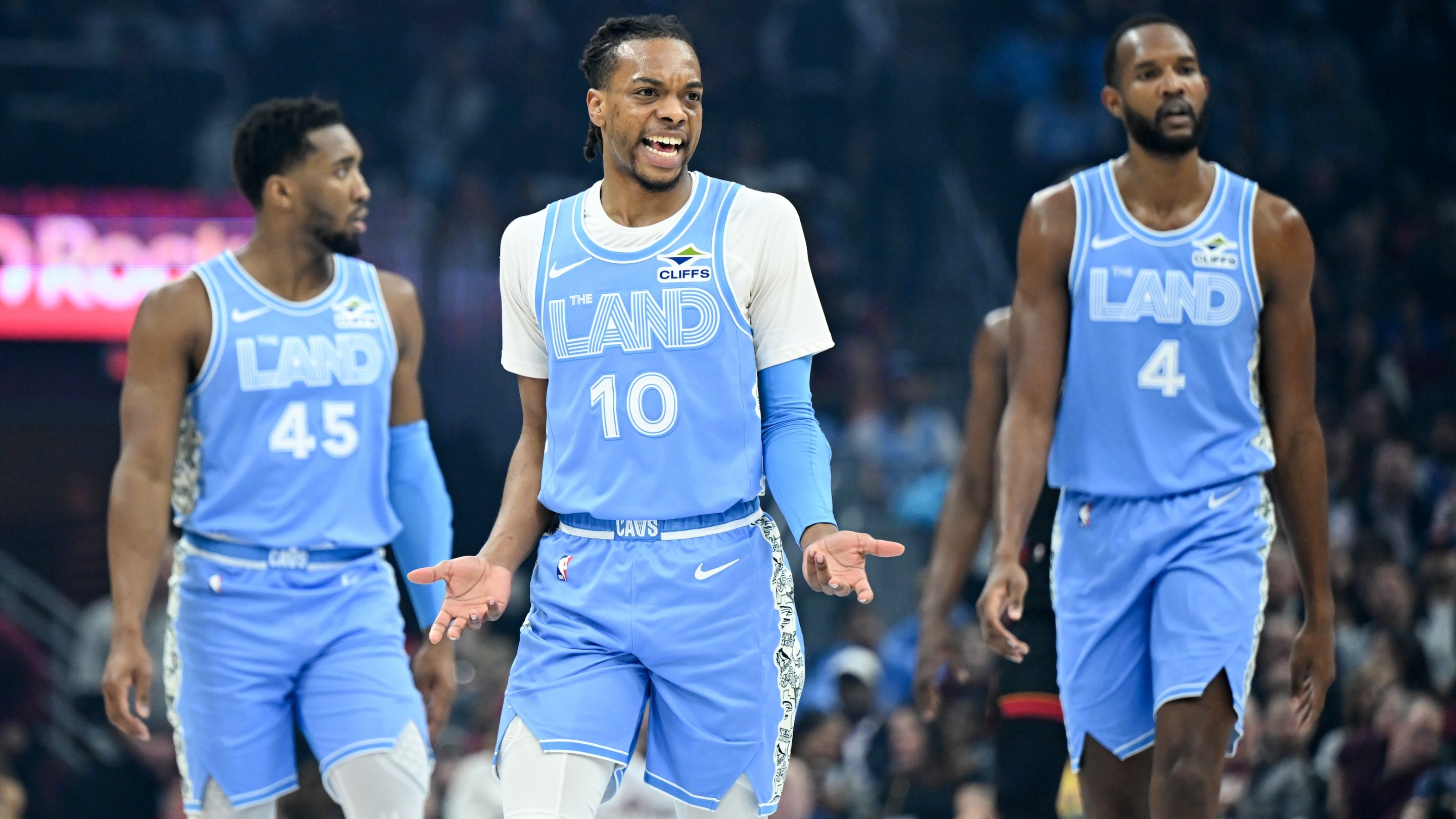 Darius Garland reacts during the first half against the Miami Heat