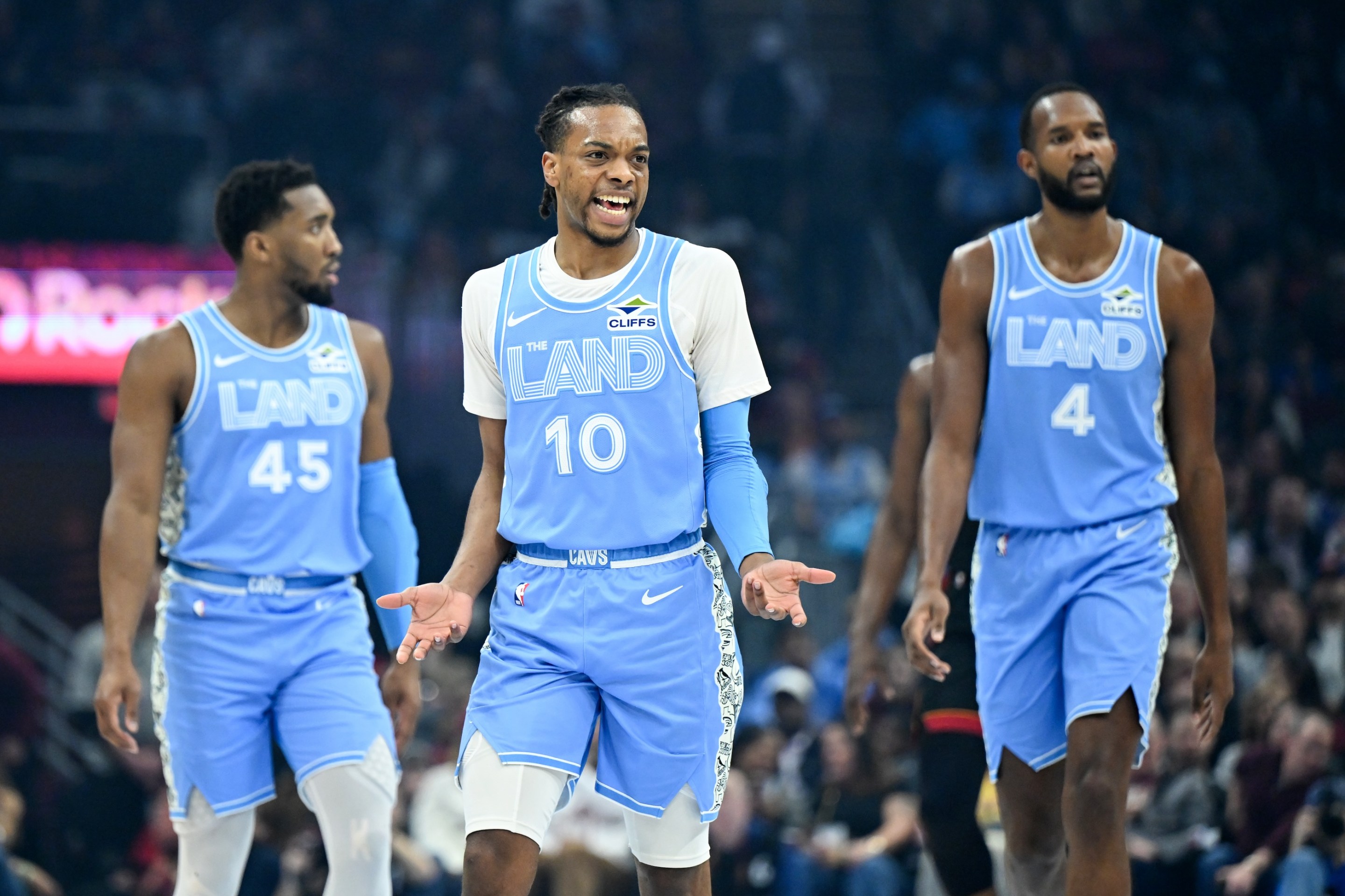 Darius Garland reacts during the first half against the Miami Heat