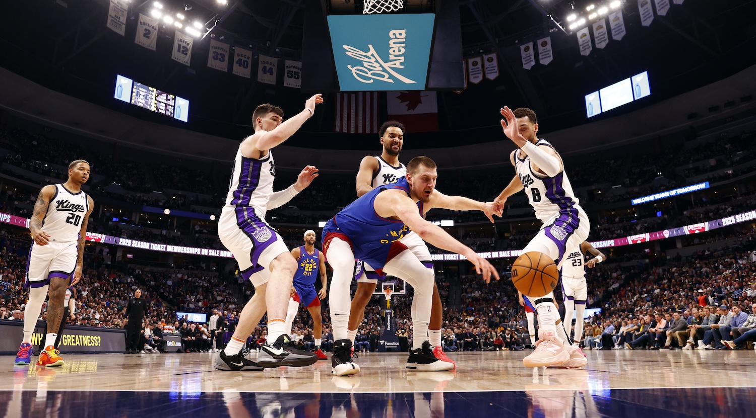 DENVER, COLORADO - MARCH 5: Nikola Jokic #15 of the Denver Nuggets reacts for the ball against the Sacramento Kings during the first quarter at Ball Arena on March 5, 2025 in Denver, Colorado. NOTE TO USER: User expressly acknowledges and agrees that, by downloading and/or using this Photograph, user is consenting to the terms and conditions of the Getty Images License Agreement. Mandatory Copyright Notice: Copyright 2025 NBAE (Photo by Tyler McFarland/Clarkson Creative/Getty Images)