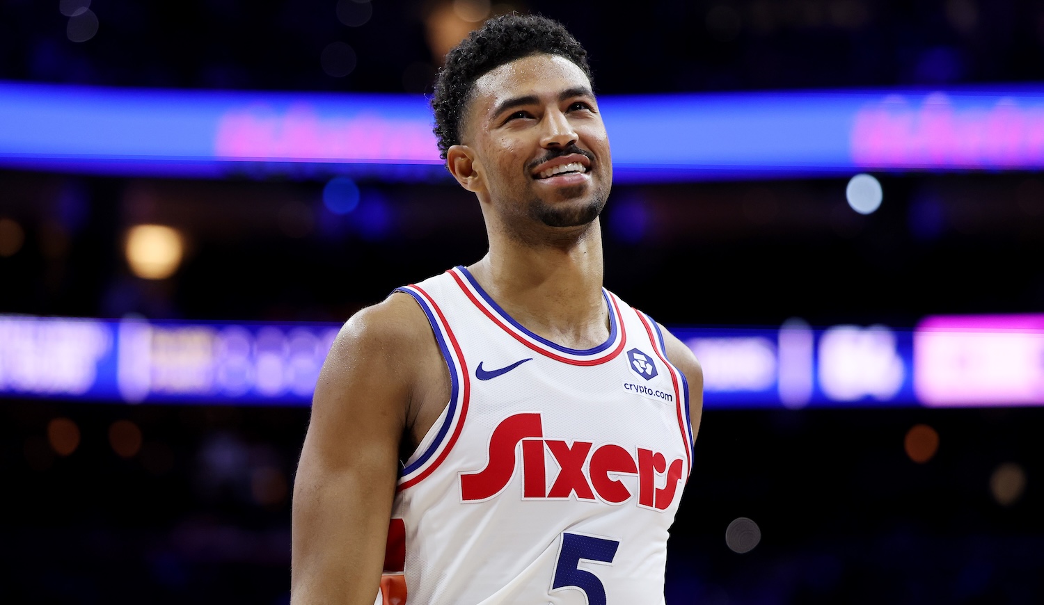 PHILADELPHIA, PENNSYLVANIA - MARCH 03: Quentin Grimes #5 of the Philadelphia 76ers smiles during the second half against the Portland Trail Blazers at the Wells Fargo Center on March 03, 2025 in Philadelphia, Pennsylvania. NOTE TO USER: User expressly acknowledges and agrees that, by downloading and or using this photograph, User is consenting to the terms and conditions of the Getty Images License Agreement. (Photo by Emilee Chinn/Getty Images)