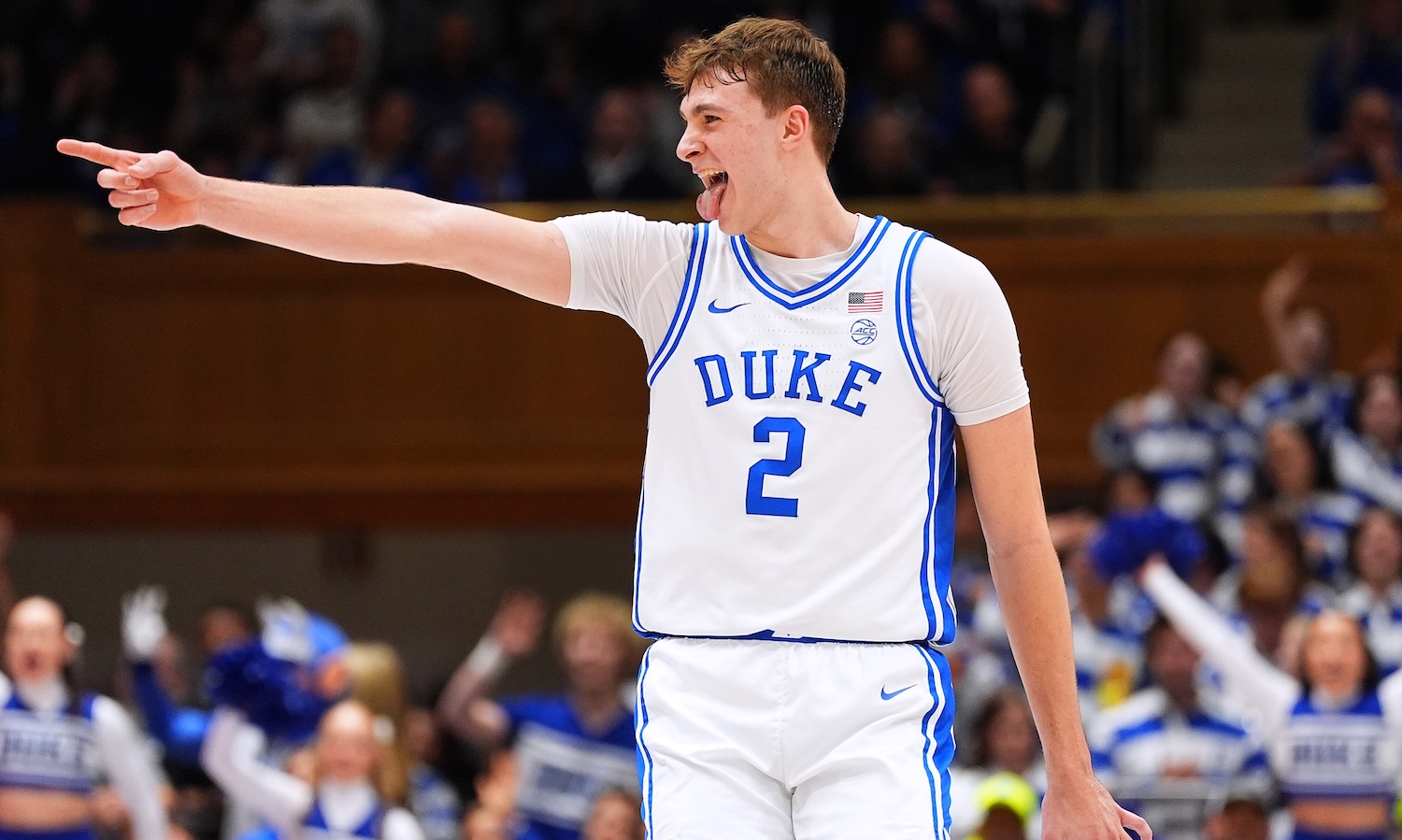 DURHAM, NORTH CAROLINA - MARCH 03: Cooper Flagg #2 of the Duke Blue Devils reacts during the second half against the Wake Forest Demon Deacons at Cameron Indoor Stadium on March 03, 2025 in Durham, North Carolina. (Photo by Grant Halverson/Getty Images)