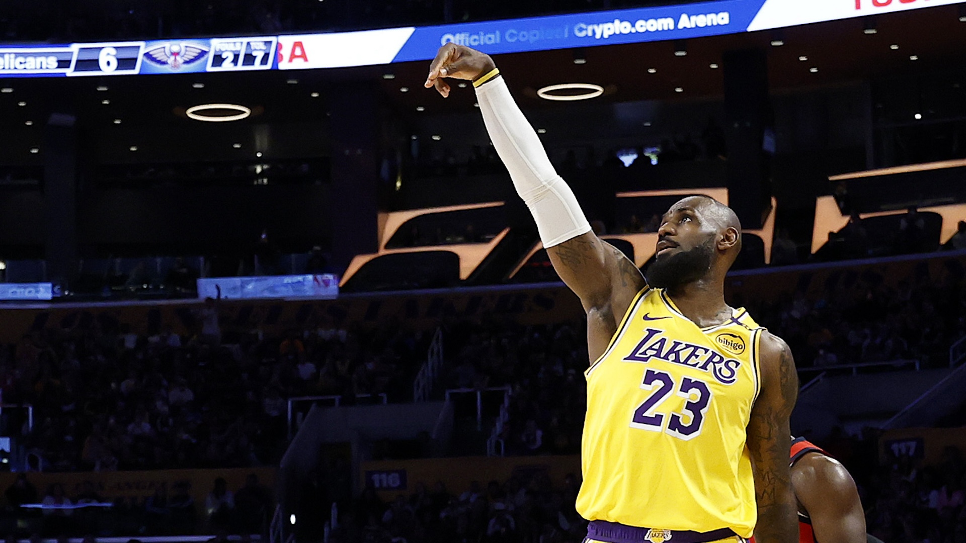 LeBron James #23 of the Los Angeles Lakers reacts to his 3-point basket to score his 50,002 NBA regular season and playoff career points during the first half against the New Orleans Pelicans at Crypto.com Arena on March 04, 2025 in Los Angeles, California. NOTE TO USER: User expressly acknowledges and agrees that, by downloading and or using this photograph, User is consenting to the terms and conditions of the Getty Images License Agreement.