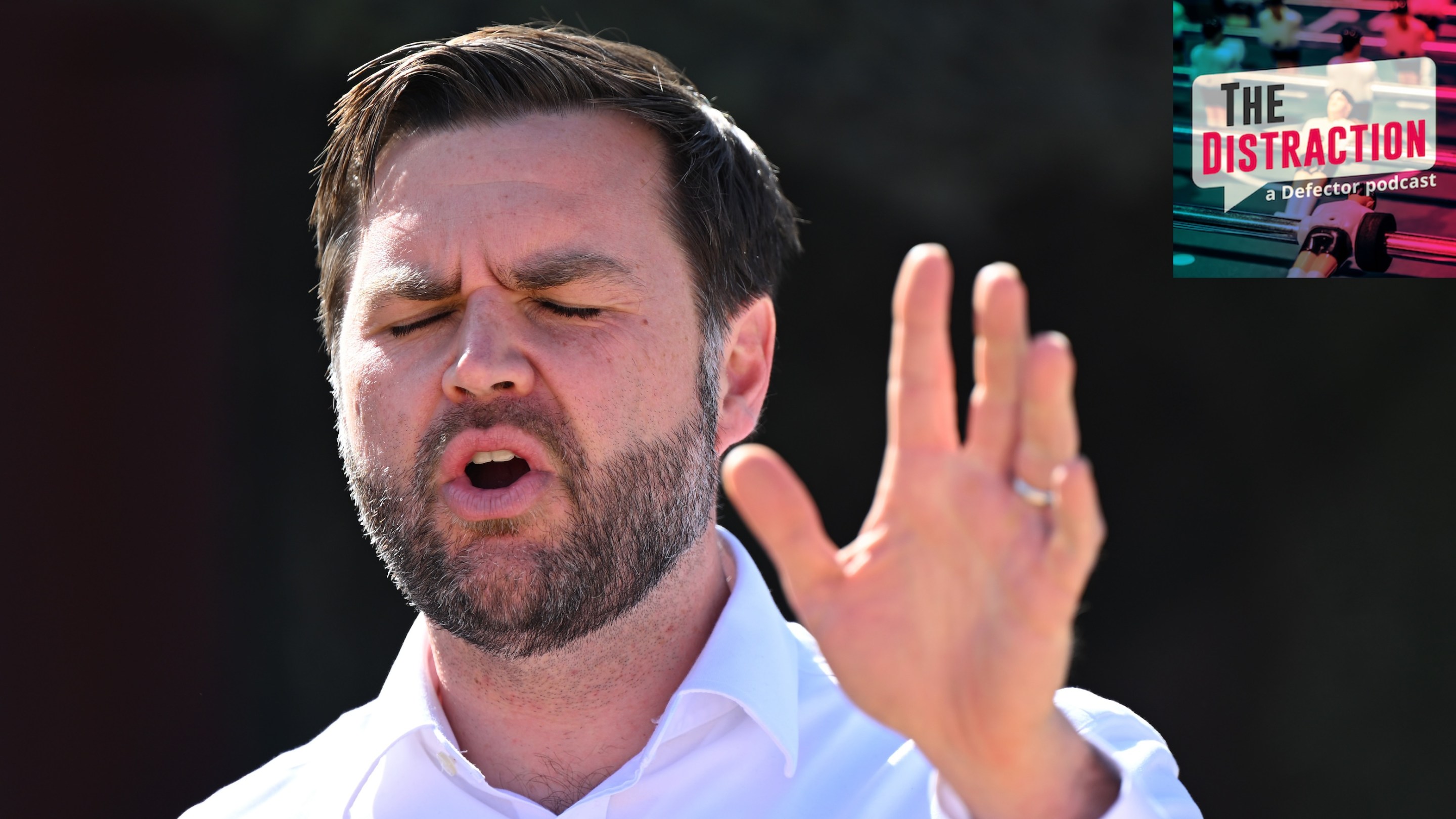Vice President JD Vance speaks during a visit to the U.S.-Mexico border on March 5, 2025 in Eagle Pass, Texas. His eyes are closed and he looks like he's singing. Beard looks like shit.