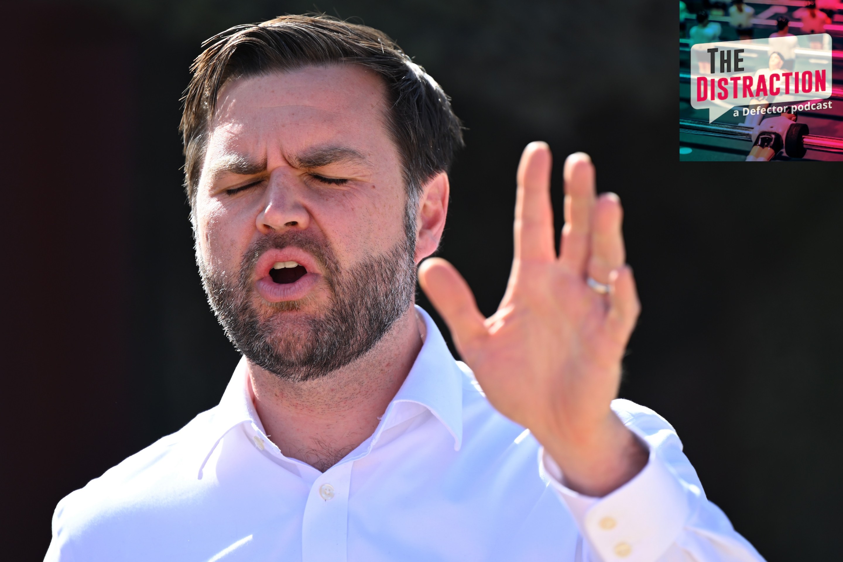 Vice President JD Vance speaks during a visit to the U.S.-Mexico border on March 5, 2025 in Eagle Pass, Texas. His eyes are closed and he looks like he's singing. Beard looks like shit.