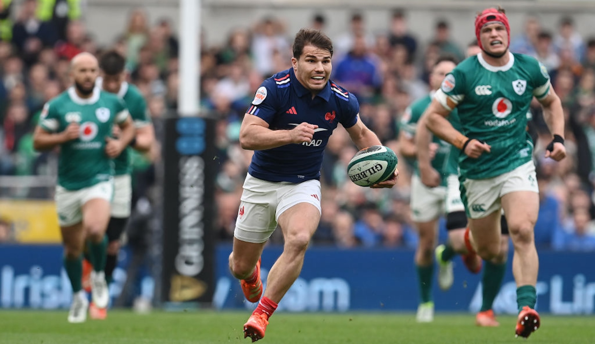 Antoine Dupont of France breaks to score a try that is later disallowed due to a knock on during the Guinness Six Nations 2025 match between Ireland and France at the Aviva Stadium on March 08, 2025 in Dublin, Ireland.