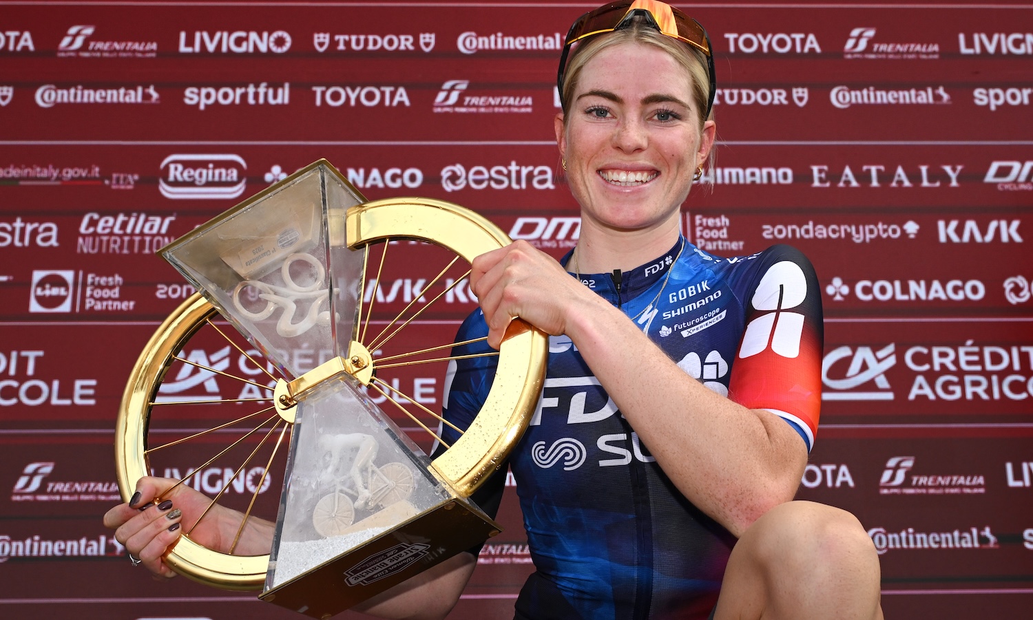 SIENA, ITALY - MARCH 08: Demi Vollering of Netherlands and Team FDJ - SUEZ celebrates at podium as race winner during the 11st Strade Bianche 2025, Women's Elite a 136km one day race from Siena to Siena 320m / #UCIWWT / on March 08, 2025 in Siena, Italy. (Photo by Dario Belingheri/Getty Images)