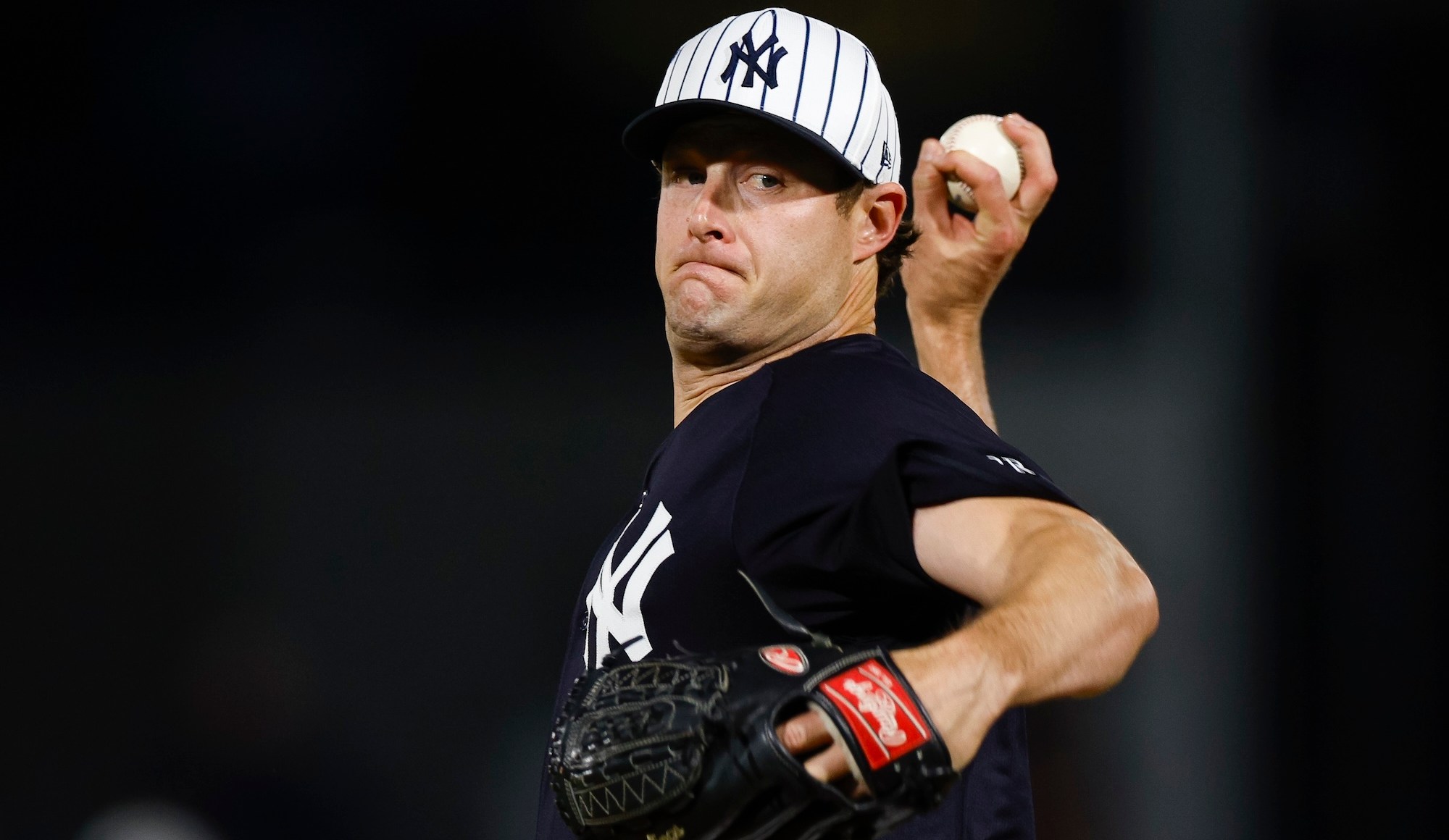 TAMPA, FLORIDA - FEBRUARY 28: Gerrit Cole #45 of the New York Yankees throws a warm up pitch in the second inning during a spring training game against the Toronto Blue Jays at George M. Steinbrenner Field on February 28, 2025 in Tampa, Florida. (Photo by Brandon Sloter/Getty Images)