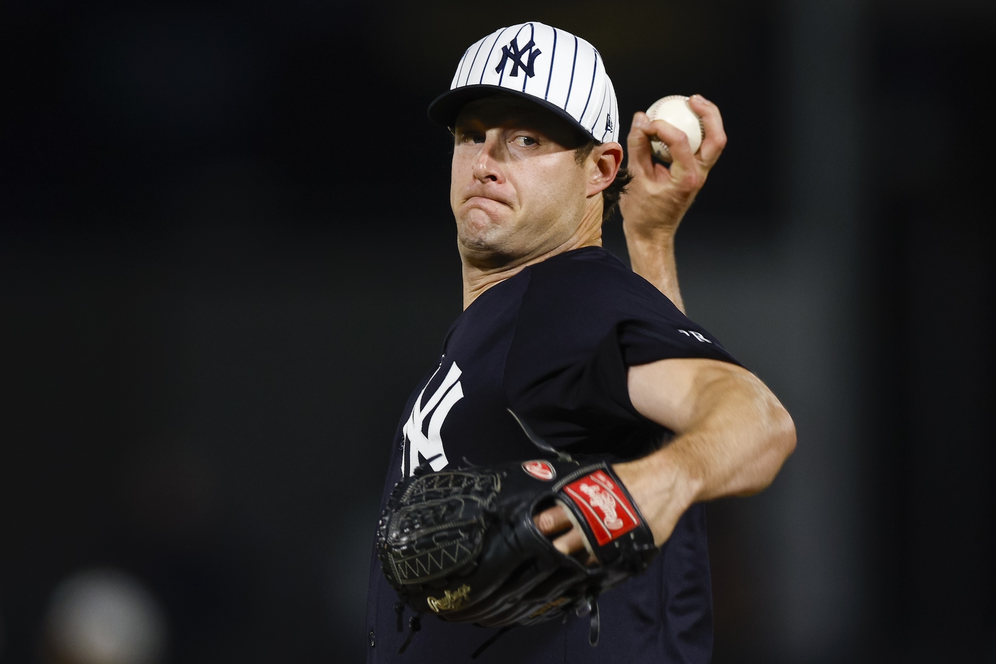 TAMPA, FLORIDA - FEBRUARY 28: Gerrit Cole #45 of the New York Yankees throws a warm up pitch in the second inning during a spring training game against the Toronto Blue Jays at George M. Steinbrenner Field on February 28, 2025 in Tampa, Florida. (Photo by Brandon Sloter/Getty Images)