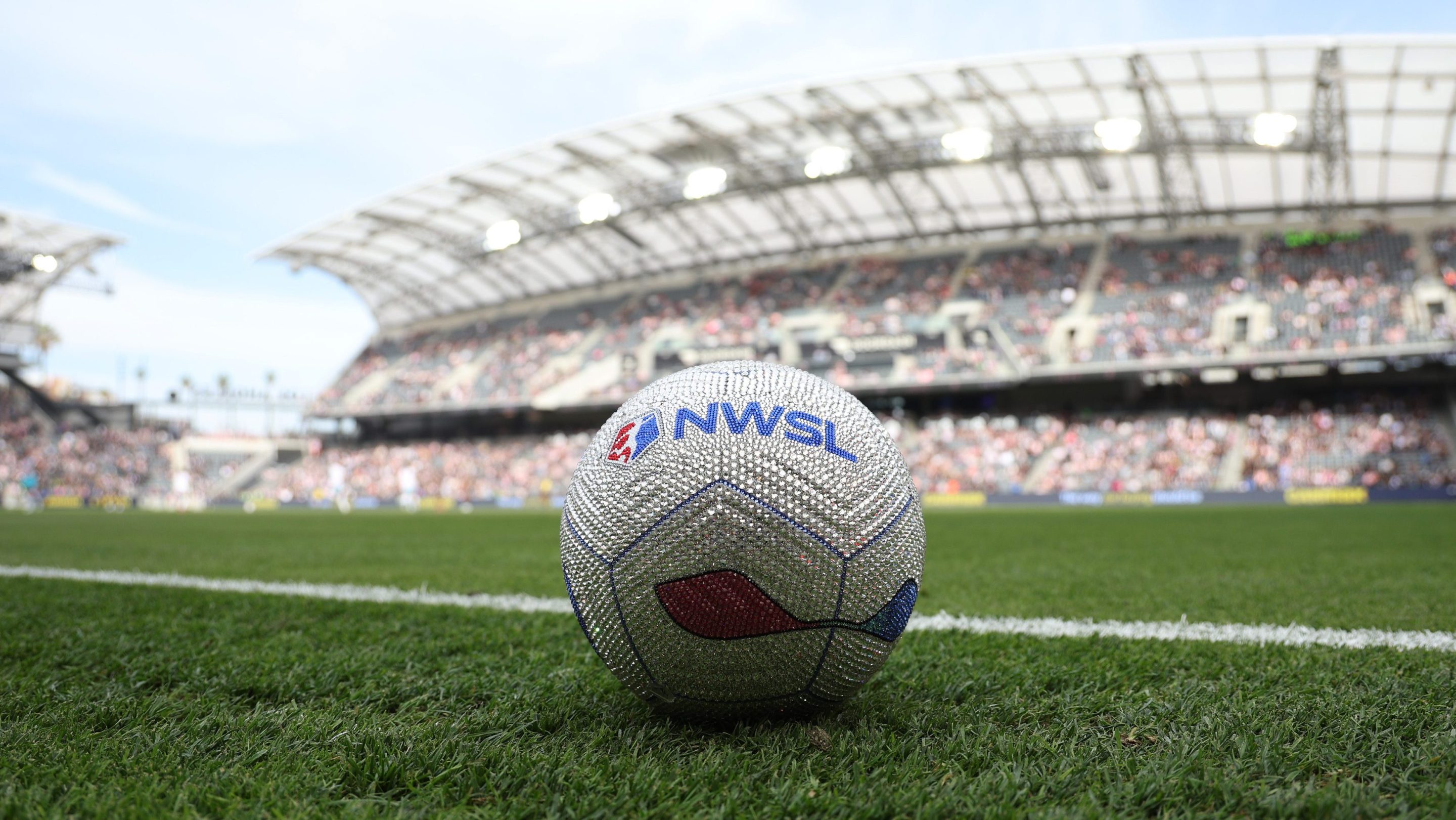 Detail of the Bedazzled NWSL ball prior to the NWSL match between Angel City FC and San Diego Wave at BMO Stadium on March 16, 2025 in Los Angeles, California.