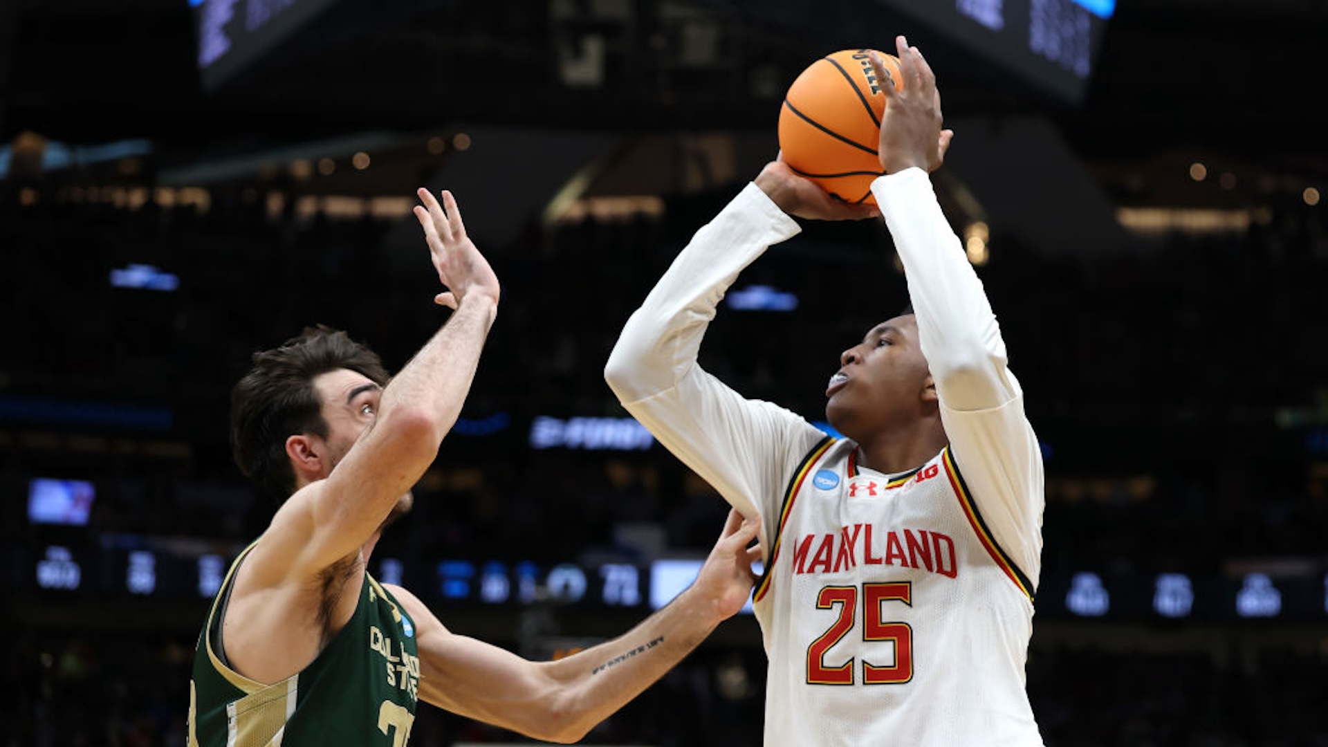 Derik Queen #25 of the Maryland Terrapins makes a shot against Ethan Morton #25 of the Colorado State Rams to win the game 72-71 in the second round of the NCAA Men's Basketball Tournament at Climate Pledge Arena on March 23, 2025 in Seattle, Washington.