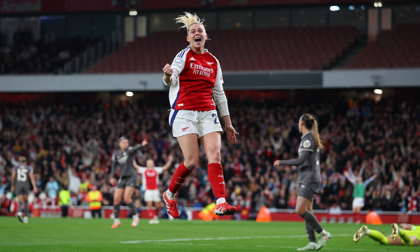 Arsenal striker Alessia Russo celebrates during the UEFA Women's Champions League Quarter Finals Second Leg match between Arsenal FC and Real Madrid CF on March 26, 2025 in London, England.