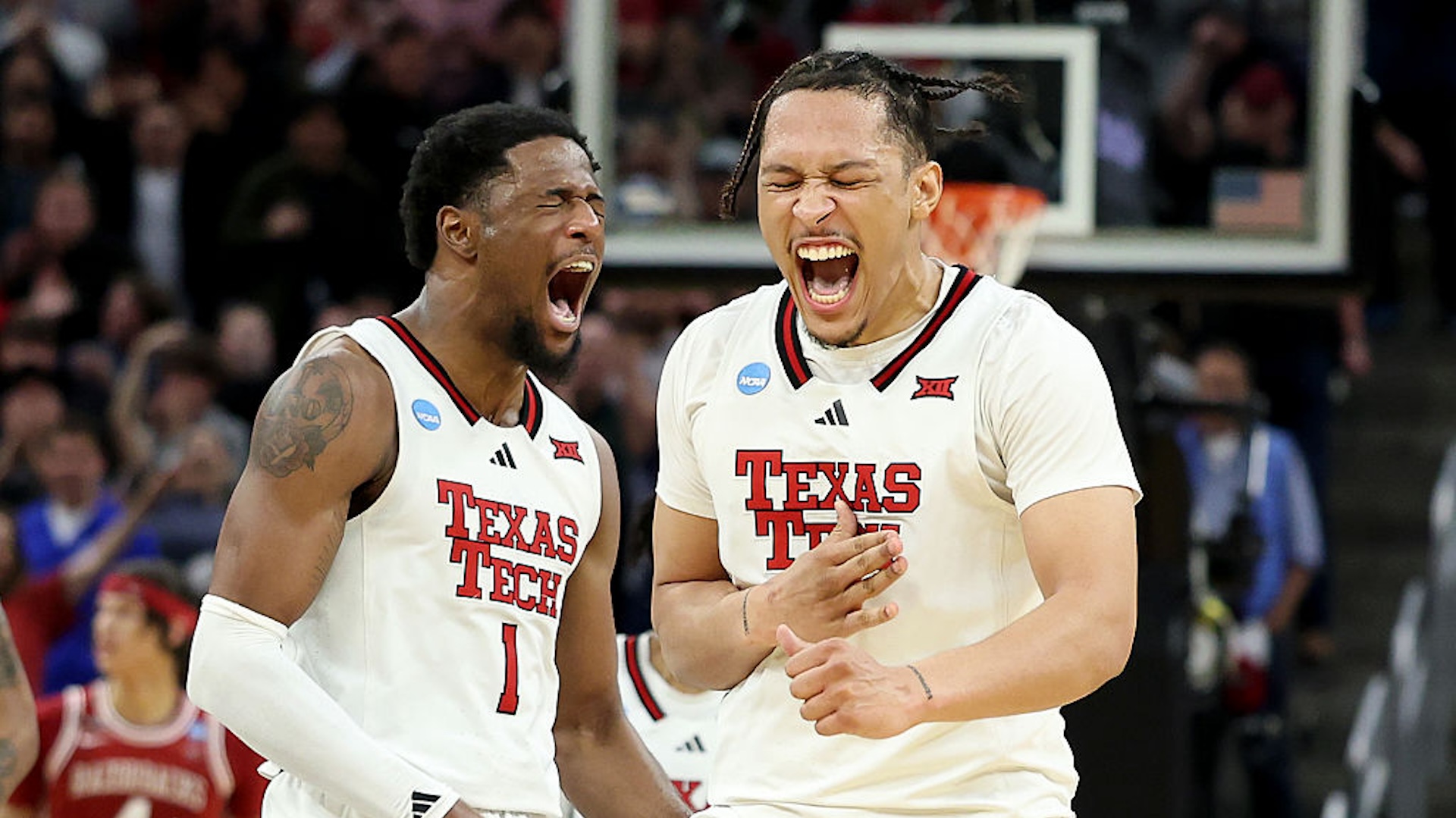 Darrion Williams #5 and Kevin Overton #1 of the Texas Tech Red Raiders react after Williams scored a three point basket to tie the game during the second half in the West Regional Sweet Sixteen round of the NCAA Men's Basketball Tournament at Chase Center on March 27, 2025 in San Francisco, California.