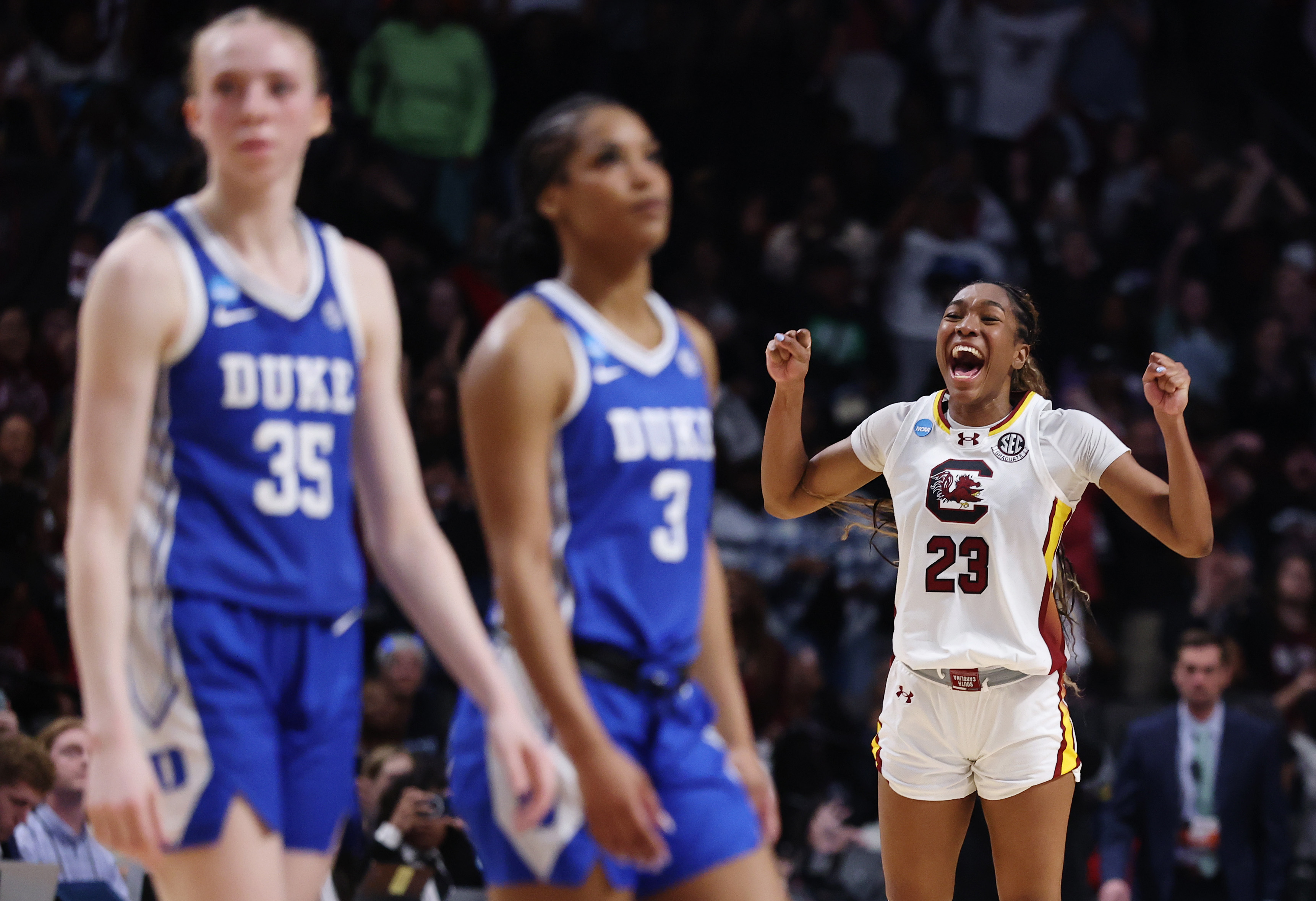 Bree Hall #23 of the South Carolina Gamecocks reacts against the Duke Blue Devils during the second half in the Elite Eight round of the NCAA Women's Basketball Tournament at Legacy Arena at the BJCC on March 30, 2025 in Birmingham, Alabama.