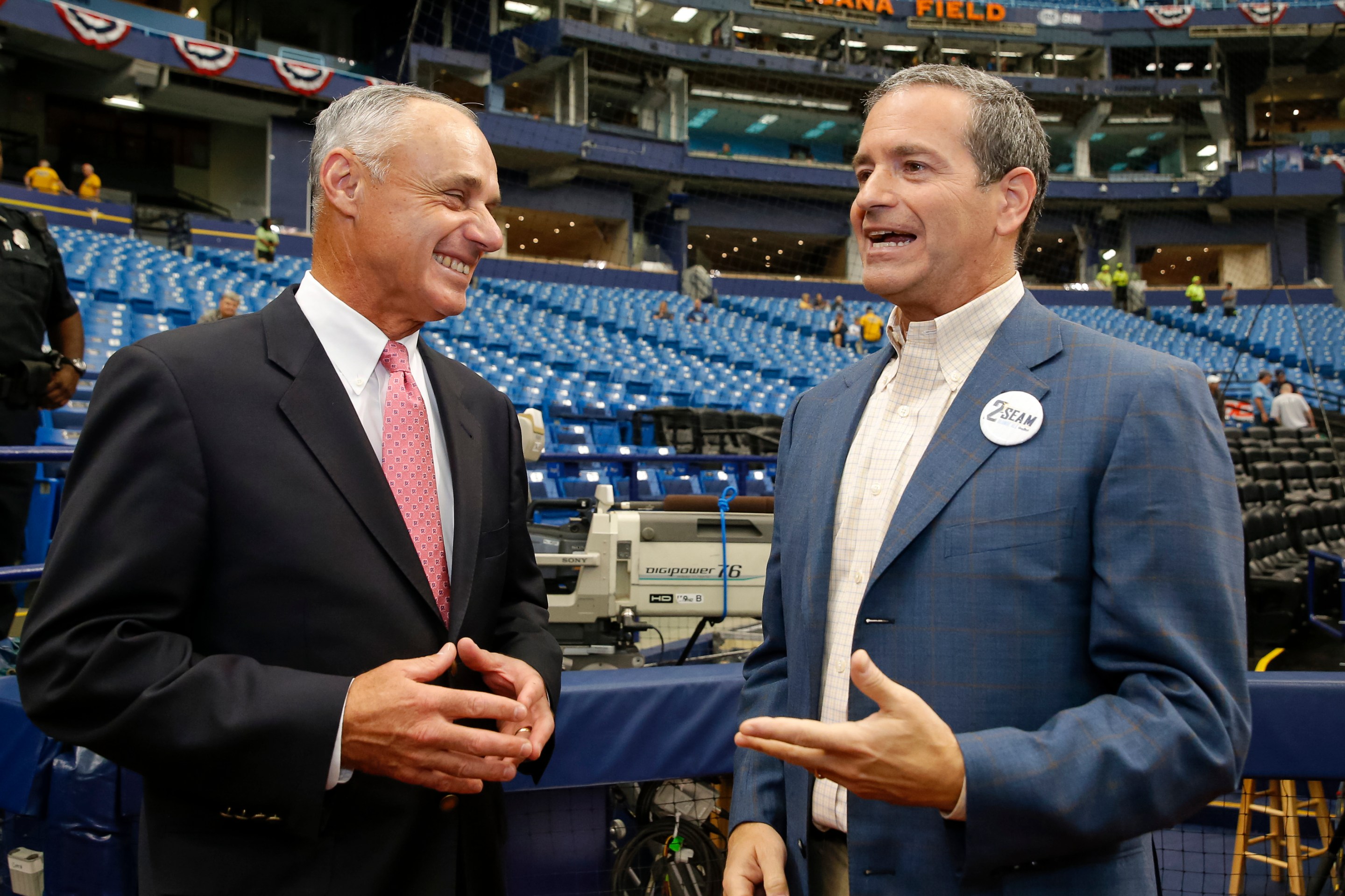 ampa Bay Rays principal owner Stuart Sternberg greets Commissioner of Baseball Robert D. Manfred Jr. before the Opening Day game against the Toronto Blue Jays at Tropicana Field on Sunday, April 3, 2016