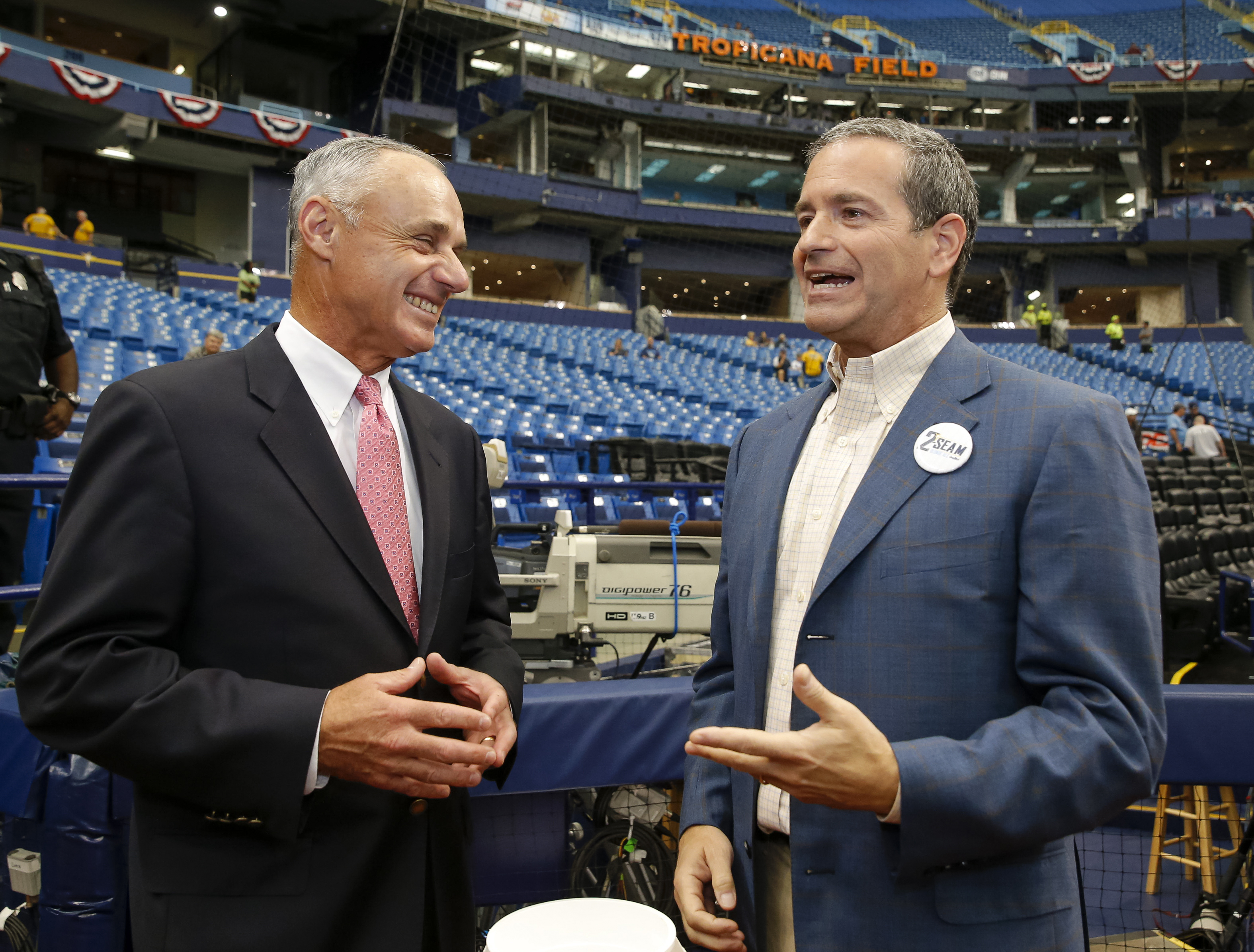 ampa Bay Rays principal owner Stuart Sternberg greets Commissioner of Baseball Robert D. Manfred Jr. before the Opening Day game against the Toronto Blue Jays at Tropicana Field on Sunday, April 3, 2016