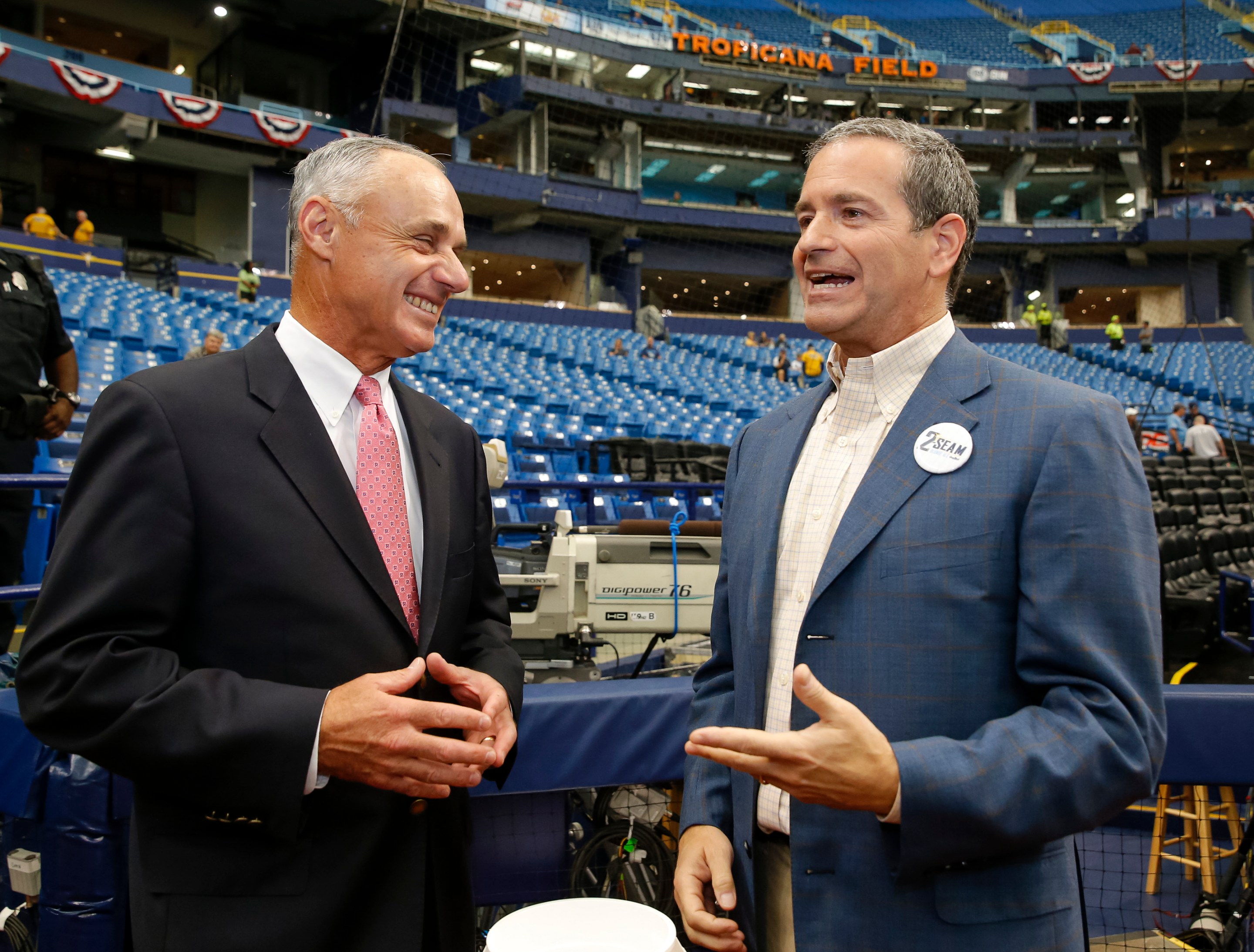 ampa Bay Rays principal owner Stuart Sternberg greets Commissioner of Baseball Robert D. Manfred Jr. before the Opening Day game against the Toronto Blue Jays at Tropicana Field on Sunday, April 3, 2016