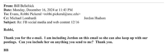 "Thank you for your email," Belichick replied. "I am including Jordon on this email so she can also keep up with our postings. Can you include her on anything to send to me? Thank you."