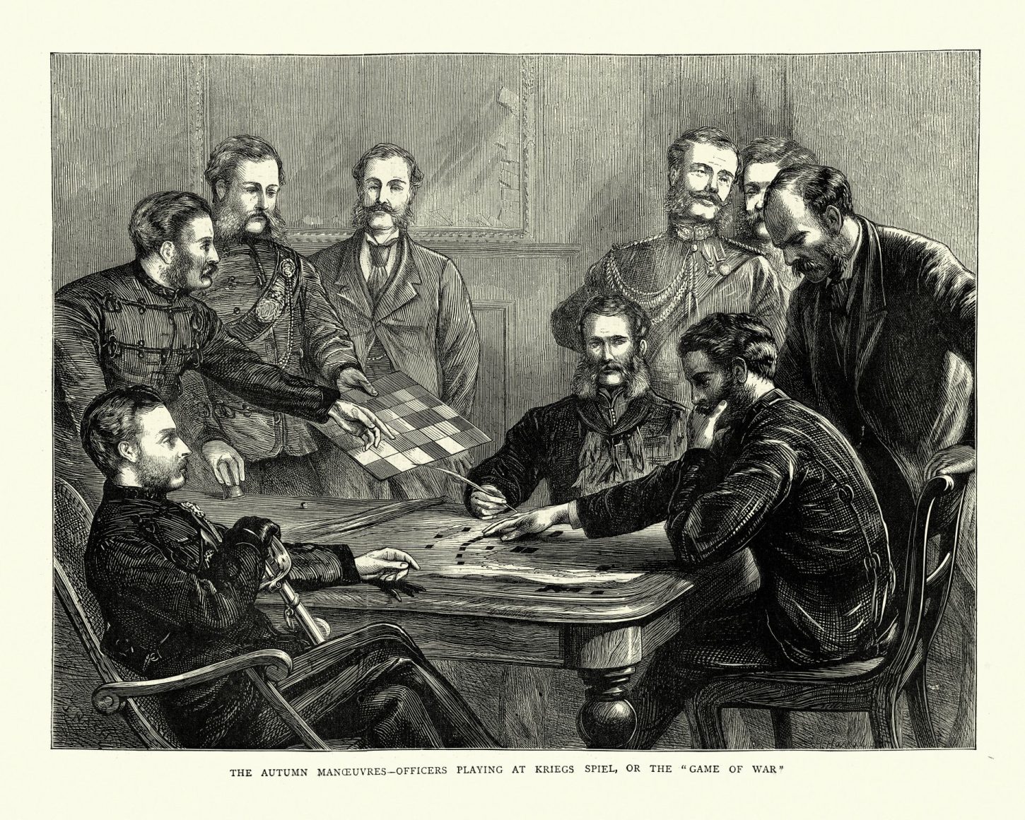 Vintage engraving of Army officers playing a game of Kriegsspiel, 1870s, 19th century. Kriegsspiel is a genre of wargaming developed by the Prussian army in the 19th century to teach battlefield tactics to officers.