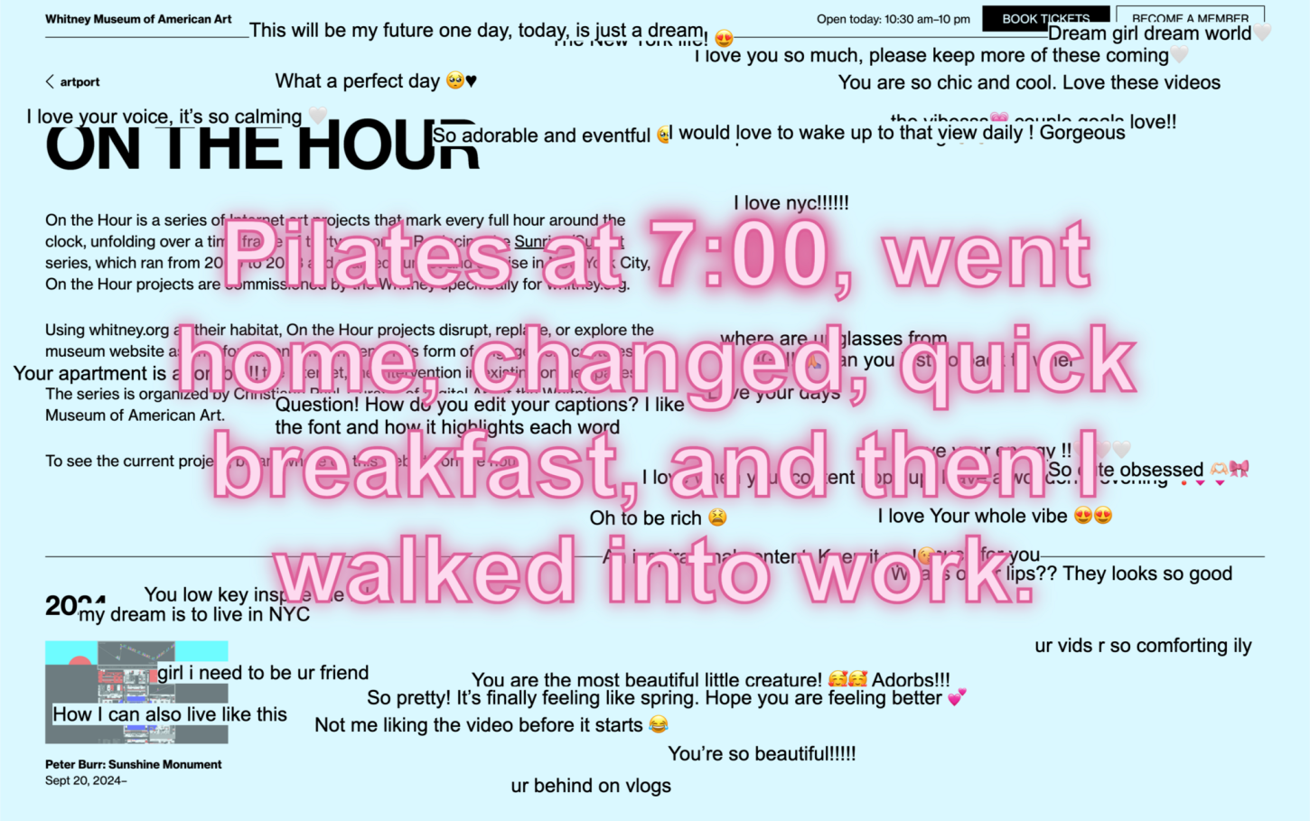 A busy screenshot of text, with pink text superimposed over all, reading: "Pilates at 7:00, went home, changed, quick breakfast, and then I walked into work"