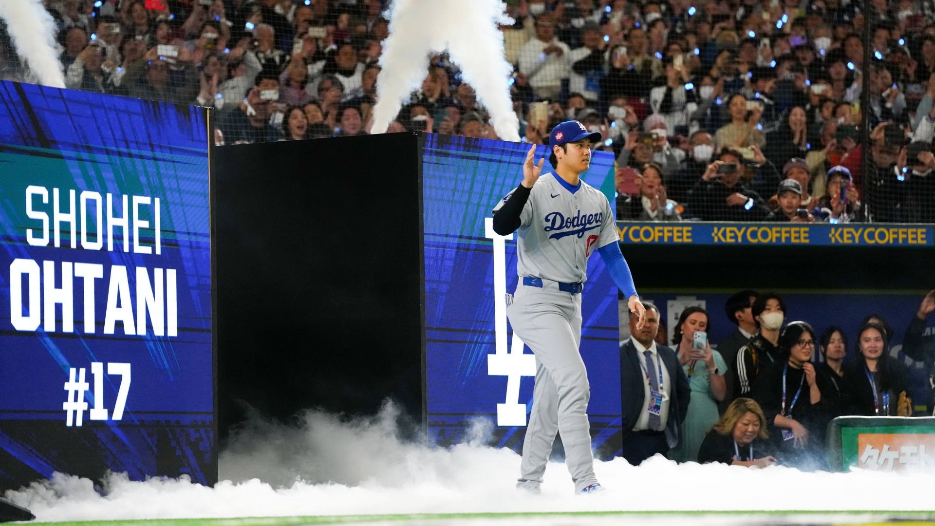 Shohei Ohtani #17 of the Los Angeles Dodgers takes the field during player introductions prior to the game between the Los Angeles Dodgers and the Chicago Cubs at Tokyo Dome.