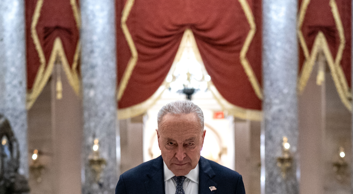 Senate Minority Leader Chuck Schumer (D-NY) walks back towards the senate side of the building at the U.S. Capitol on March 14, 2025 in Washington, DC. Tensions have flared over the shutdown within the Democratic caucus after Sen. Chuck Schumer (D-NY) announced Thursday that he will vote to advance a House-passed six-month government funding bill, despite opposition from many Democrats who argue it would create a "slush fund" for former President Trump and Elon Musk.