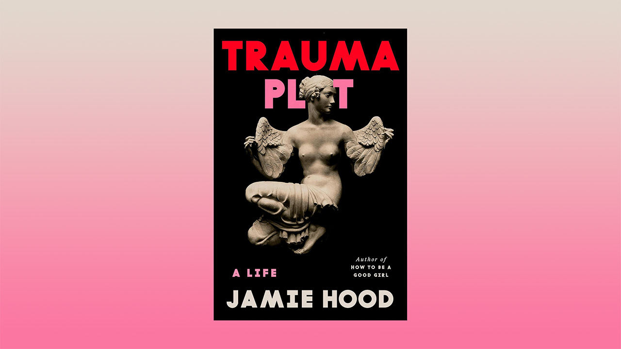 On a gradient background going from tan-ish to pink-ish, the front cover of the book Trauma Plot by Jamie Hood. The book is black with a statue of a woman with wings in the center. It also identifies Hood as the author of How to Be A Good Girl.