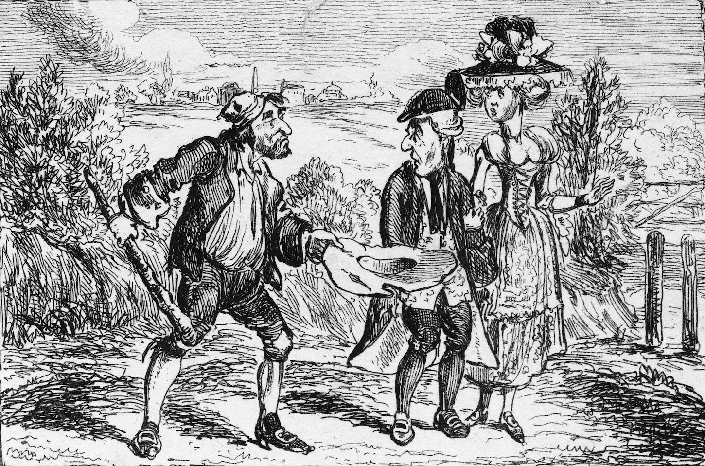 A mugger approaches two victims, holding out his hat, ostensibly to beg, but carrying a large club in his other hand, circa 1790. The image is captioned: 'Honest friend, I'll borrow a little silver of you. He who hath gold hath fear. He who hath none hath sorrow'.