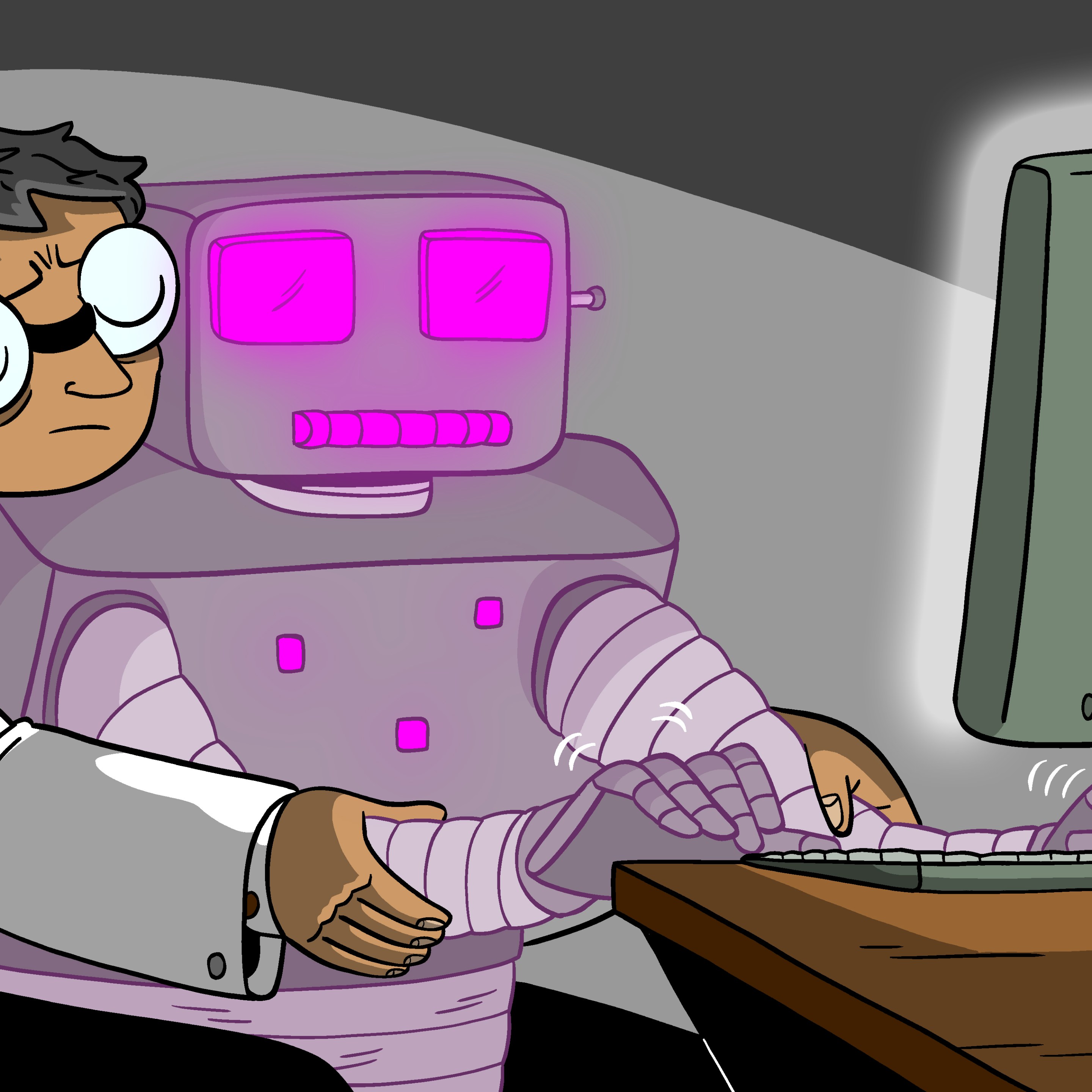 A man teaching a robot to type